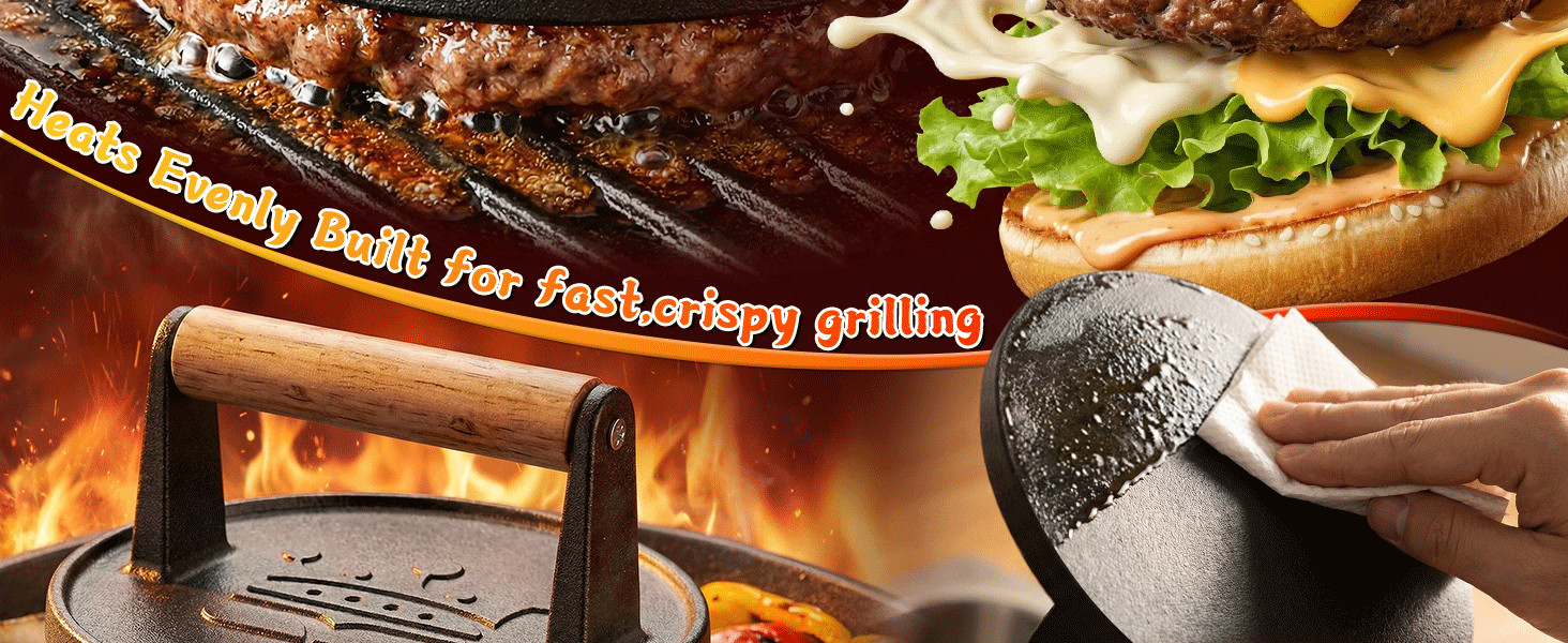 Smash Burger Press 6.5”,Cast Iron Flat Round Edge