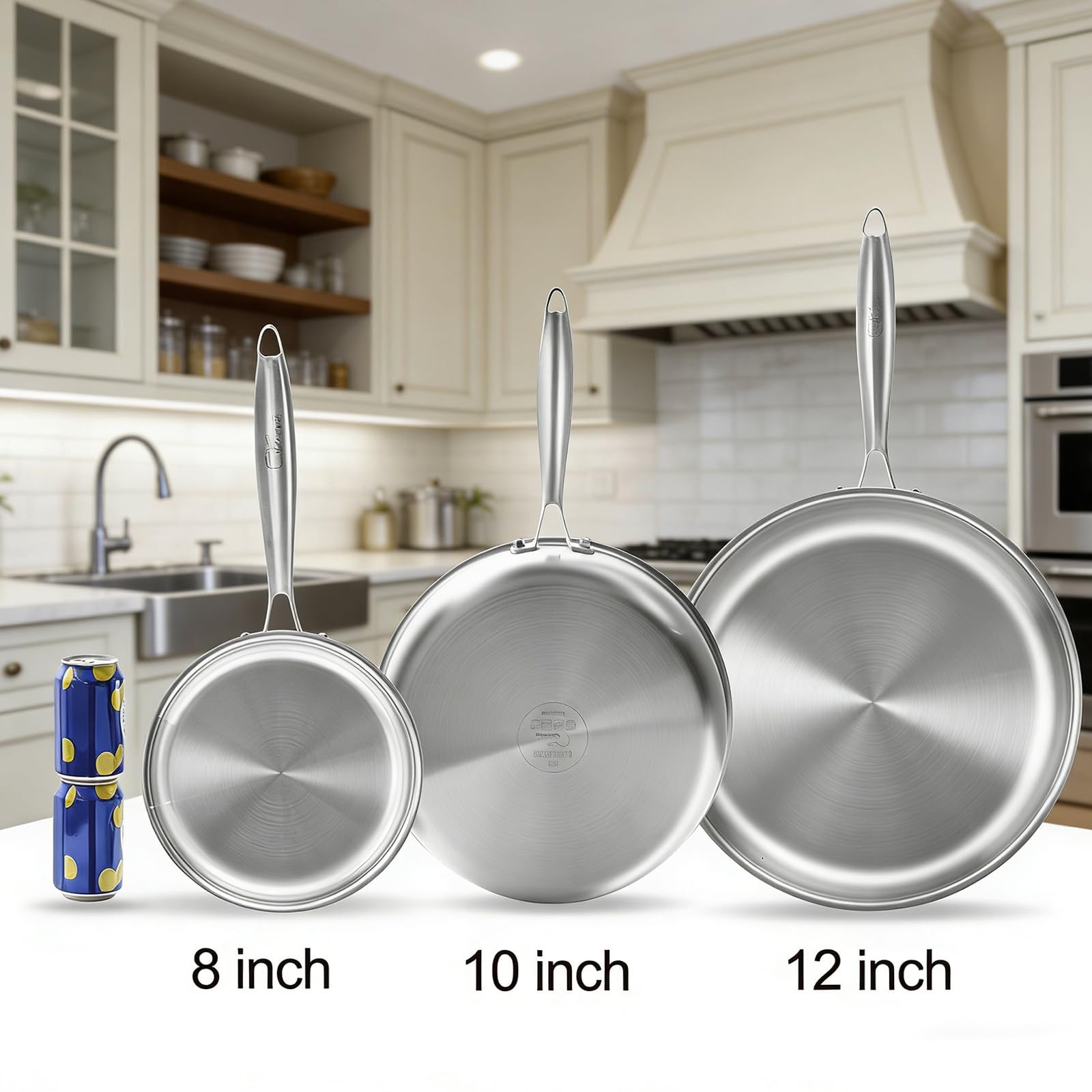 Tri-ply Stainless Steel Frying Pan Set 8″ 10″ 12″ Large Skillet for Chef’s Co…
