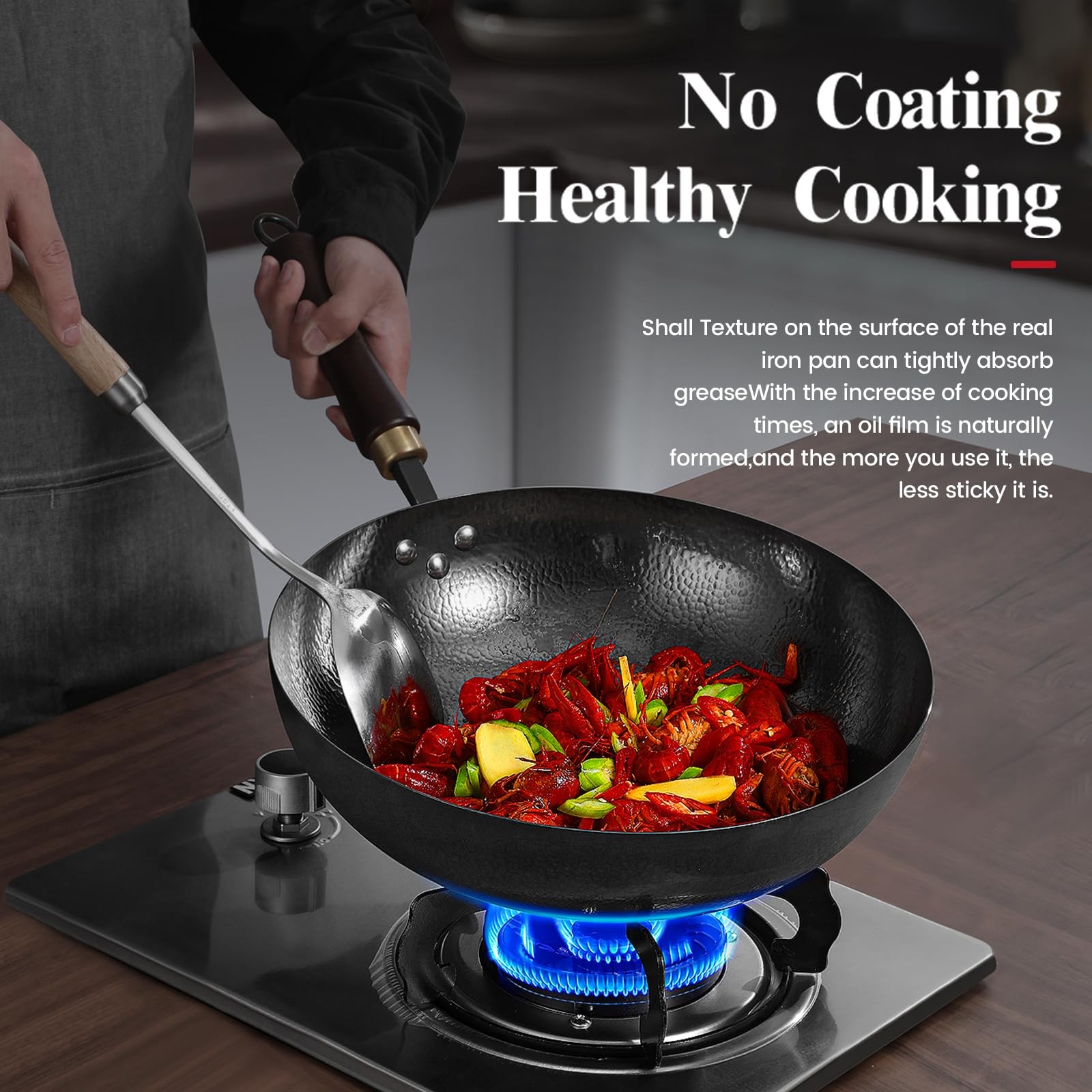 UMETRE Carbon Steel Wok Pan, 12.6-Inch Nonstick Pre-Seasoned Woks and Stir-Fr…