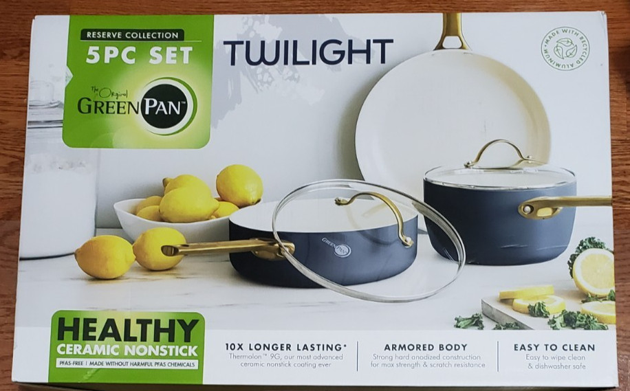 GreenPan Reserve Ceramic Nonstick 5-Piece Cookware Set Gold Handle New
