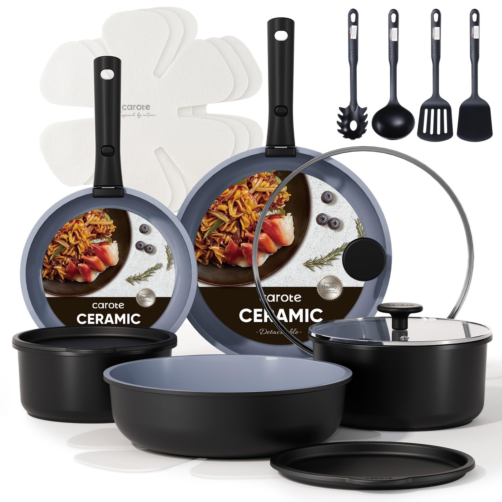 19PCS Ceramic Cookware Sets, Black and Gray, Pots and Pans Set Non Stick Non …
