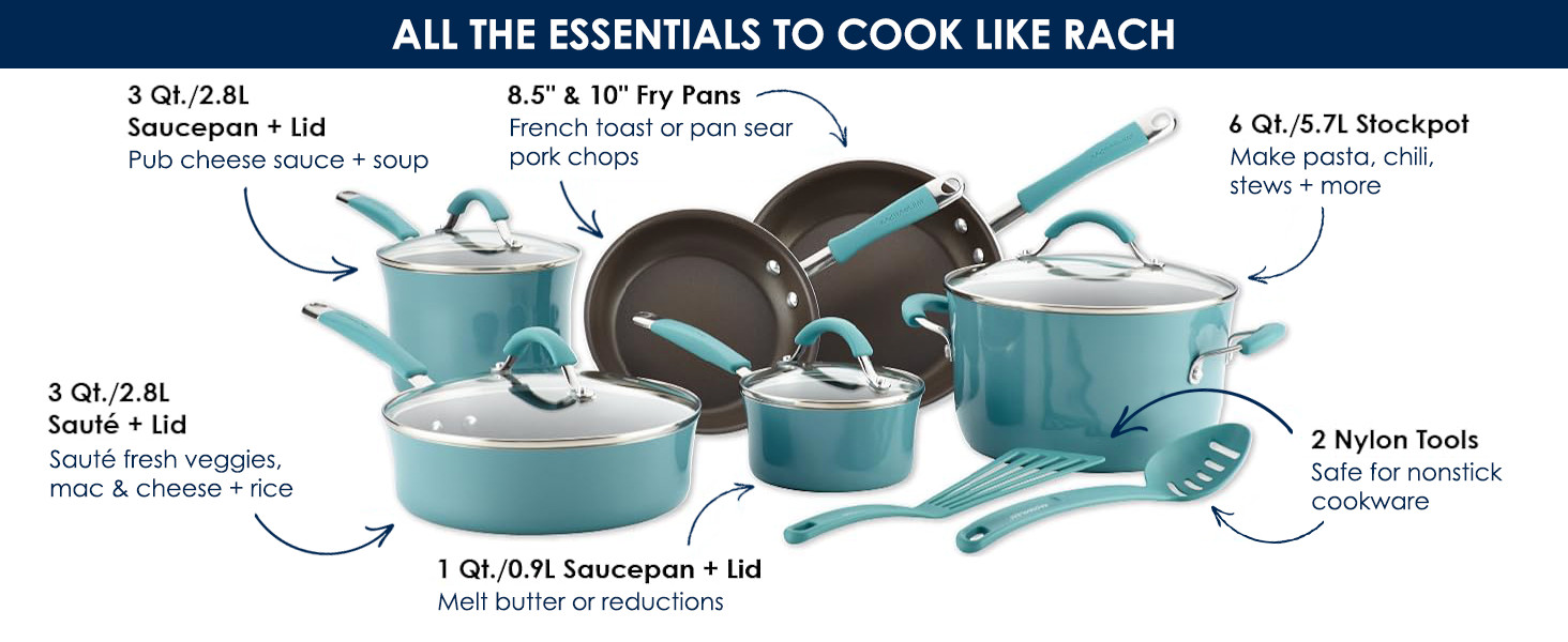 Rachel Ray’s Kitchen Cucina Nonstick Cookware Pots/Pans 12 Piece Set Agave Blue.