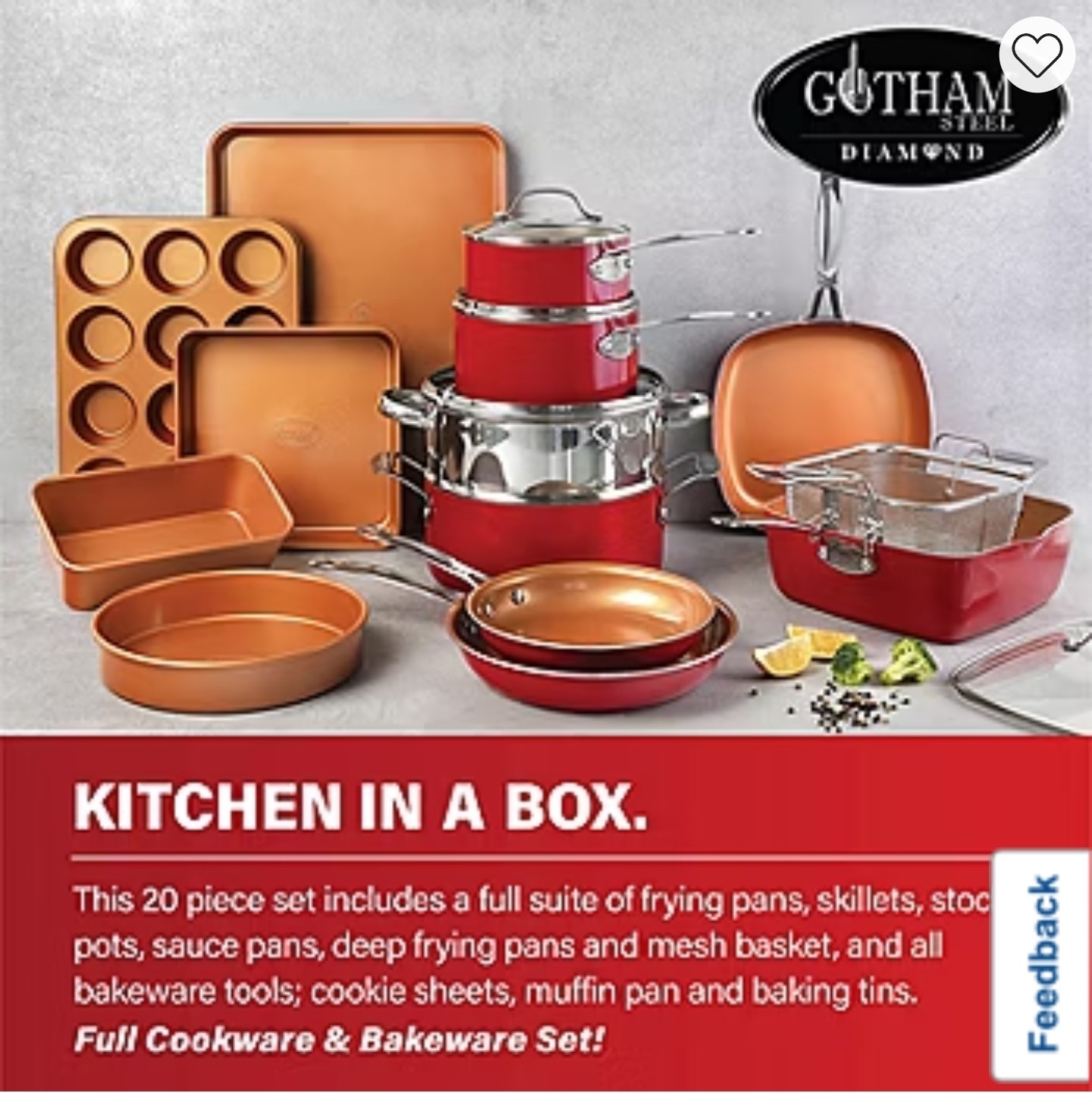 Gotham Steel Diamond 20-Piece Red Nonstick Ceramic Cookware Bakeware Set