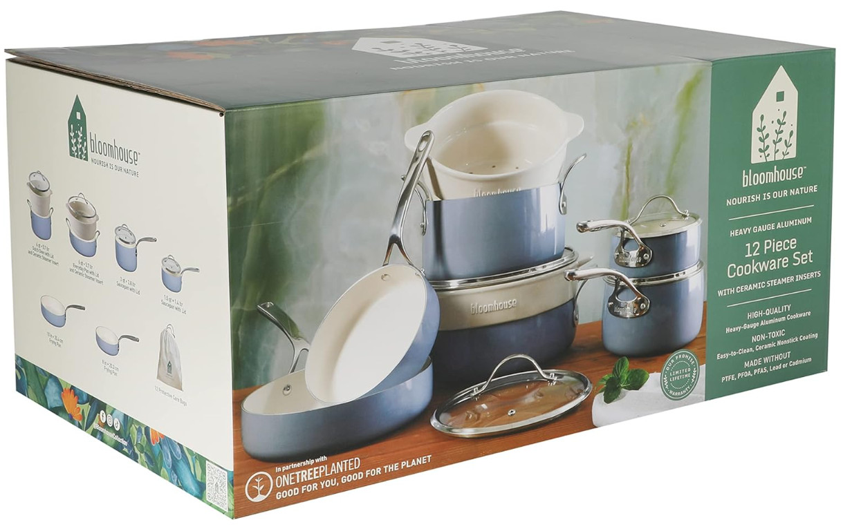 Bloomhouse 12 Pc Ceramic Nonstick Cookware Set Steamer Blue Aluminum Pots
