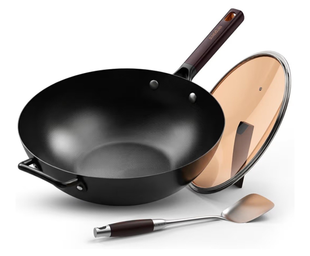 SUMEIGUAN Carbon Steel 13.5in Flat Bottom Nonstick Wok Set w/ Lid Spatula