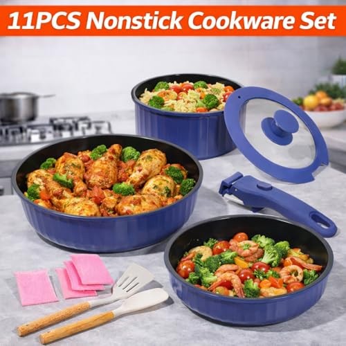 11 Piece Pots and Pans Set Nonstick with Removable Handle, Induction Blue