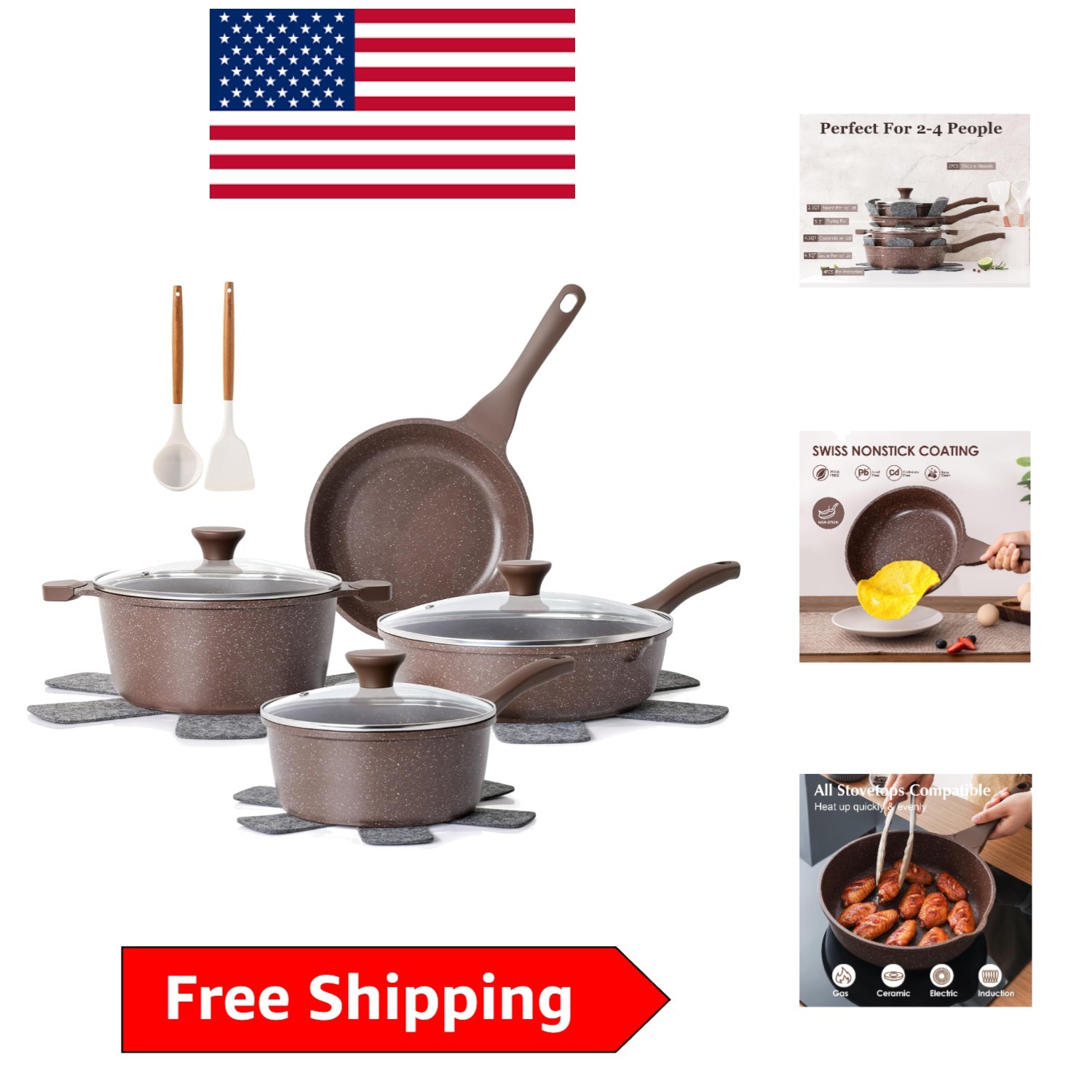 Healthy 13-Piece Nonstick Cookware Set with Bakelite Handles & Silicone Utensils