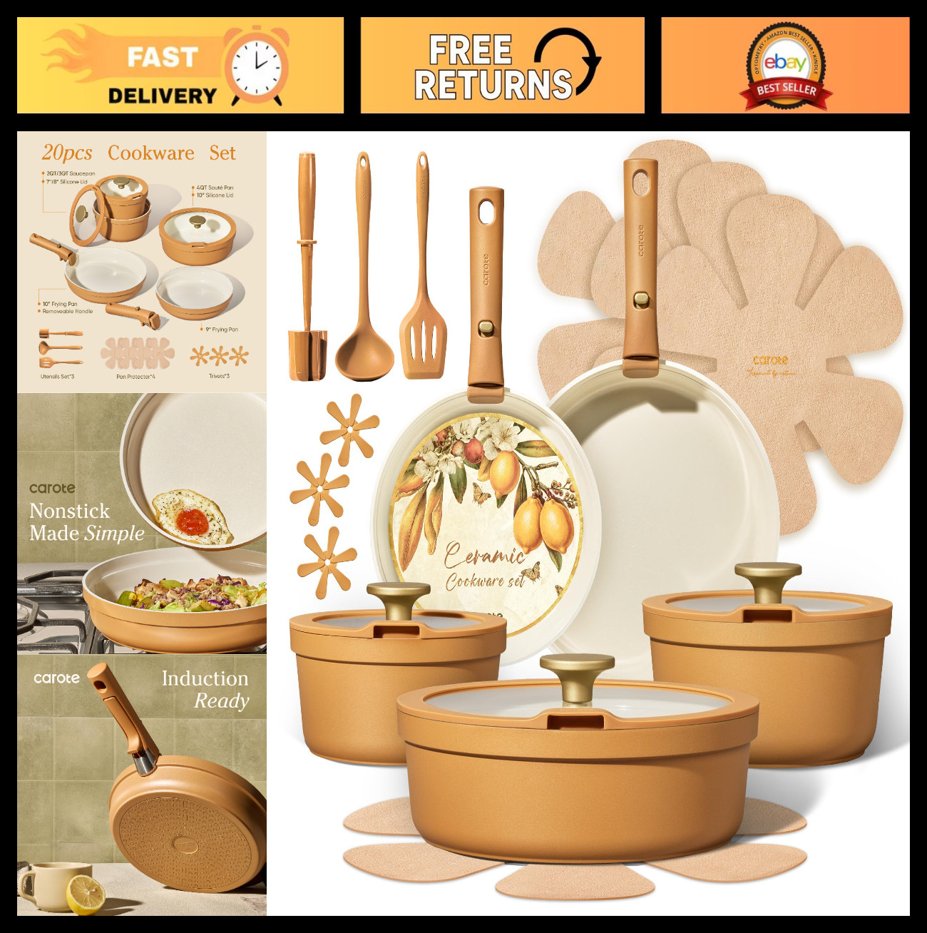 20pcs Non-Stick Ceramic Cookware Set, Detachable Handles, Dishwasher Safe, Induc