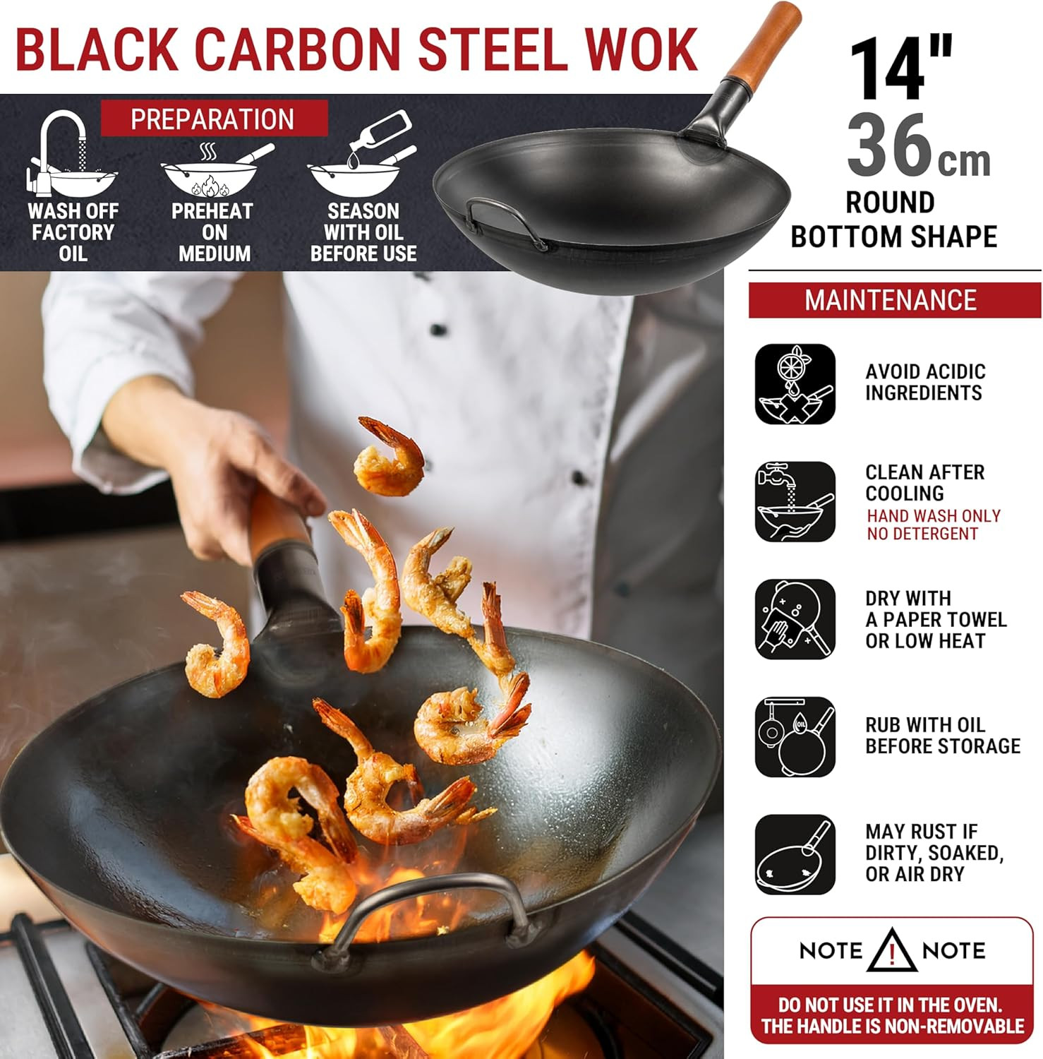 YOSUKATA 14″ Carbon Steel Wok with round Bottom – Pre-Seasoned Pow Wok for Stir