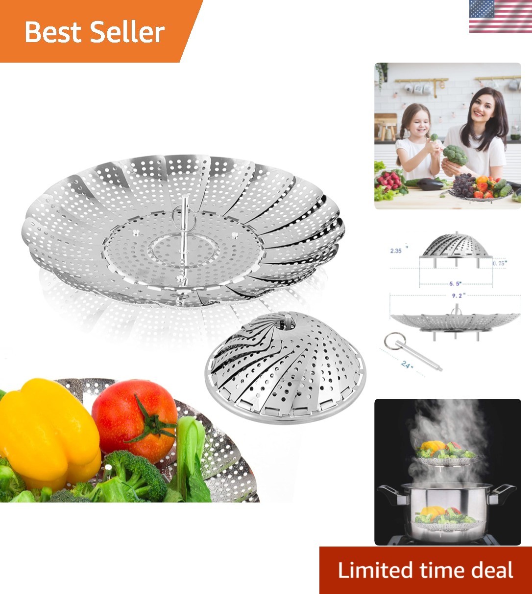 Compact Stainless Steel Vegetable Steamer Basket – Easy to Clean, 5.5″-9.2″