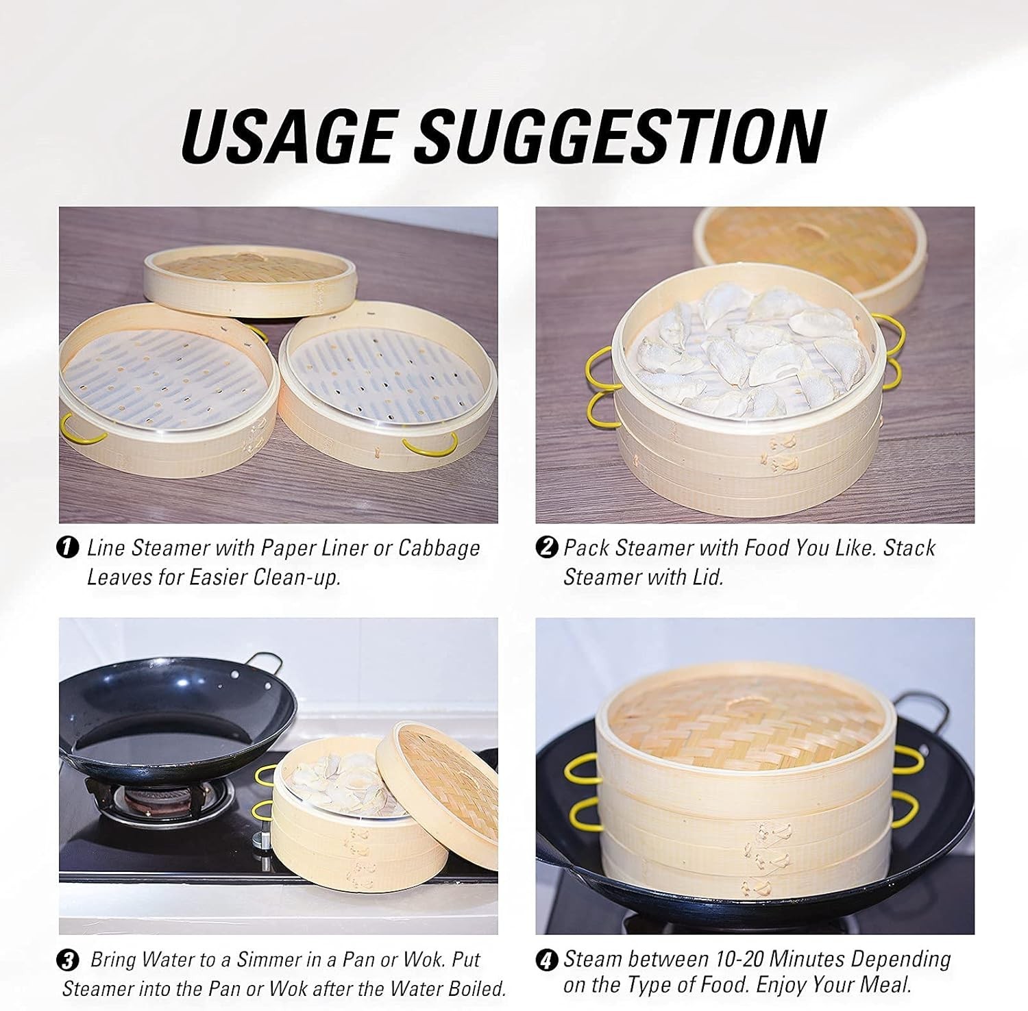 Bamboo Steamer Basket Set 10 inch Steamer for Cooking, with Side Handles Chop…
