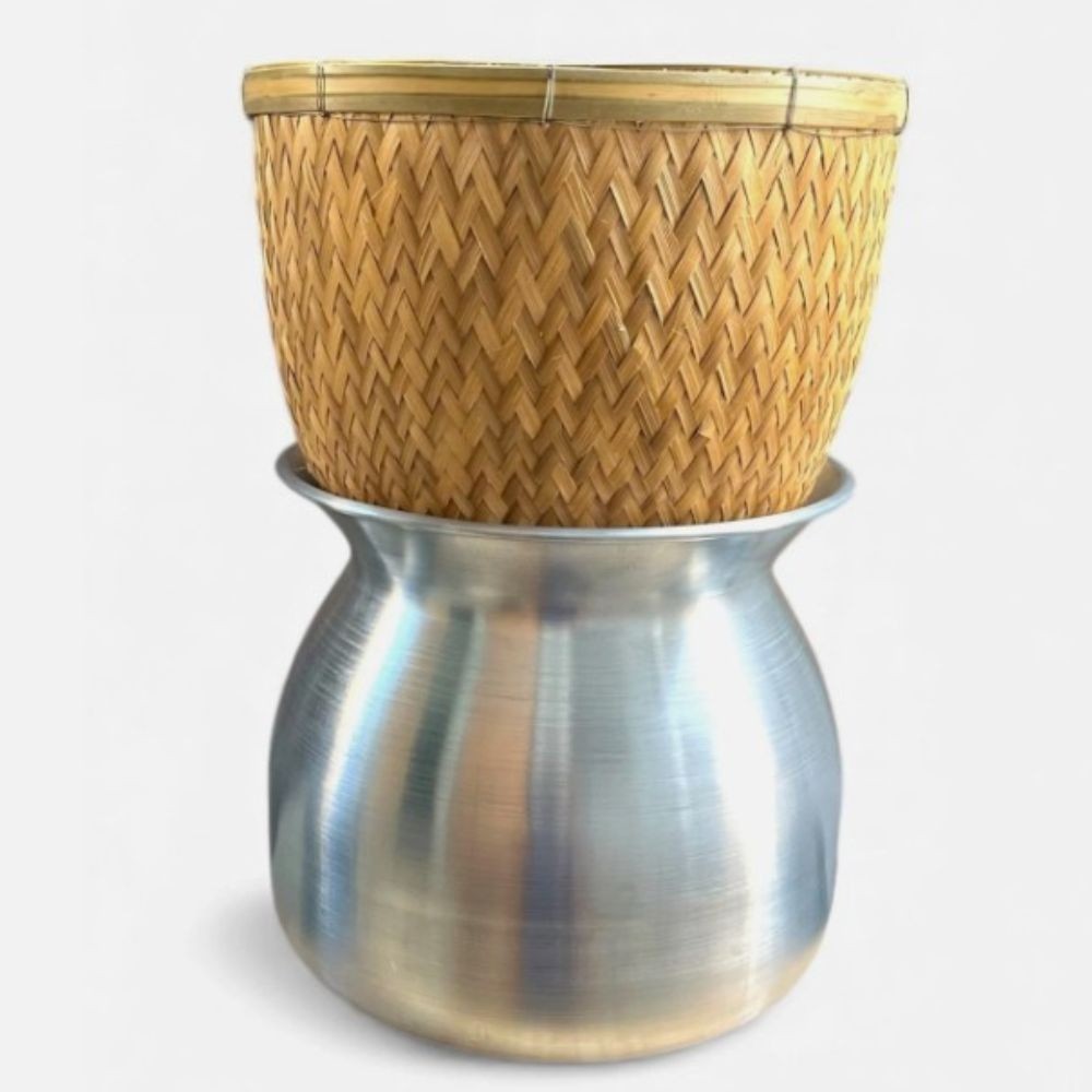 2-Piece Thai Sticky Rice Steamer Aluminum Pot with Bamboo Basket Huad Cooker Set