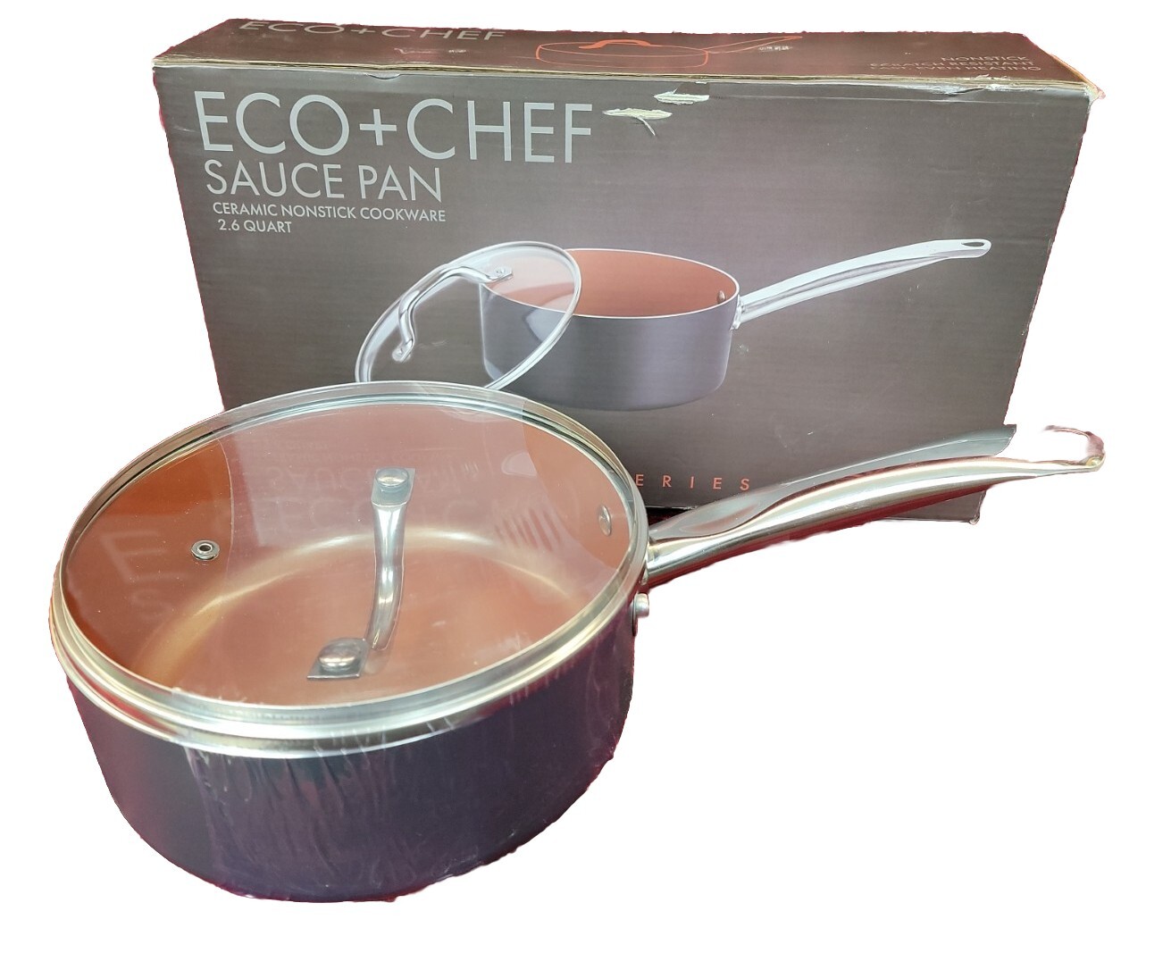 Eco + Chef Ceramic Non Stick Sauce Pan 2.6 Quart Copper Series Black NEW