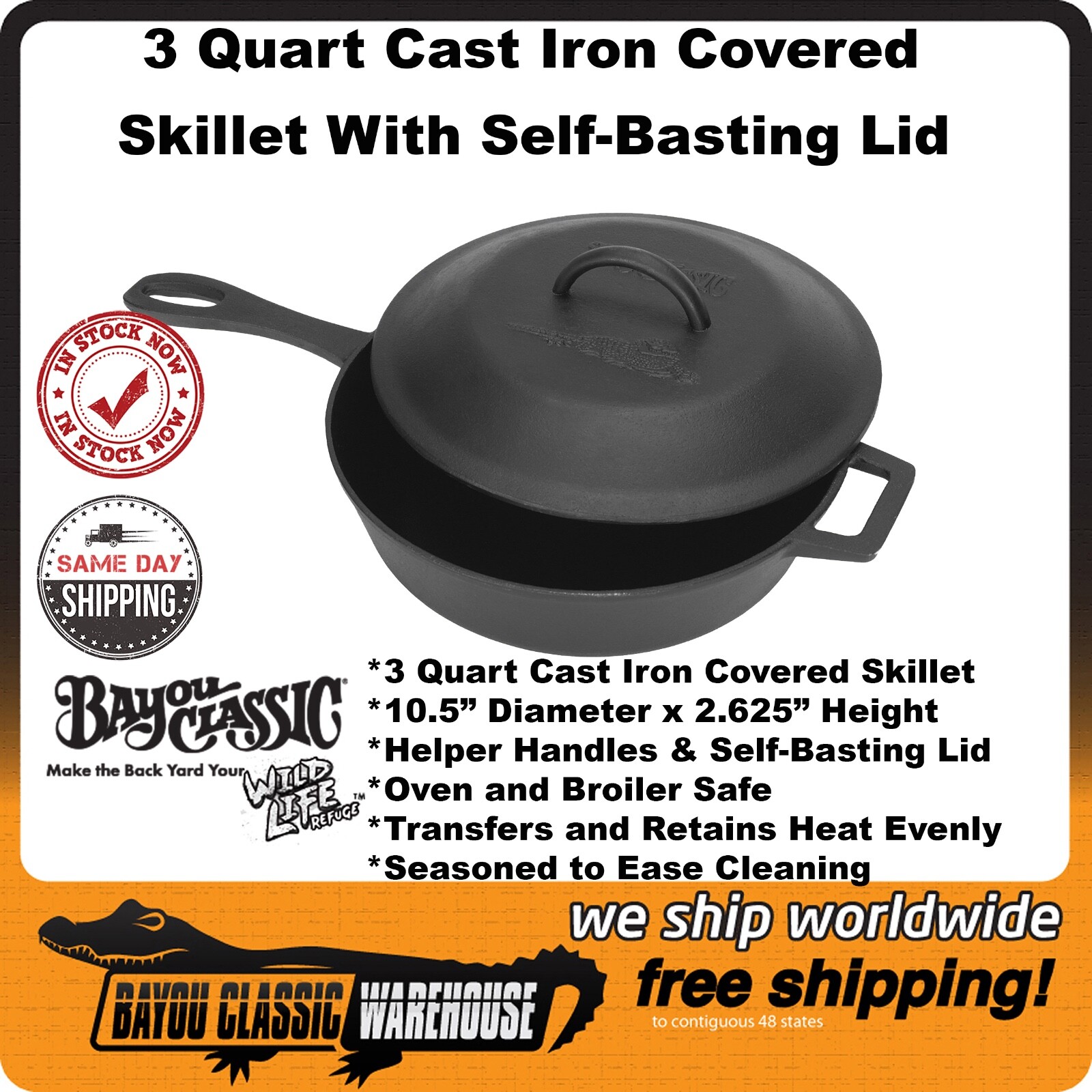 3 Quart Covered Skillet Cast Iron With Self-Basting Lid Bayou Classic 7440
