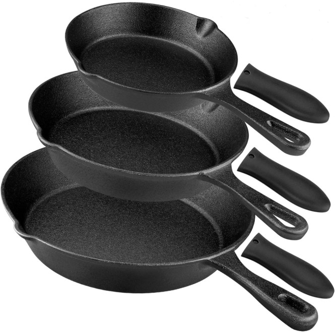 Juego Sartenes Hierro Fundido Precuradas 6″ 8″ 10″ para Horno Parrilla BBQ Cocin