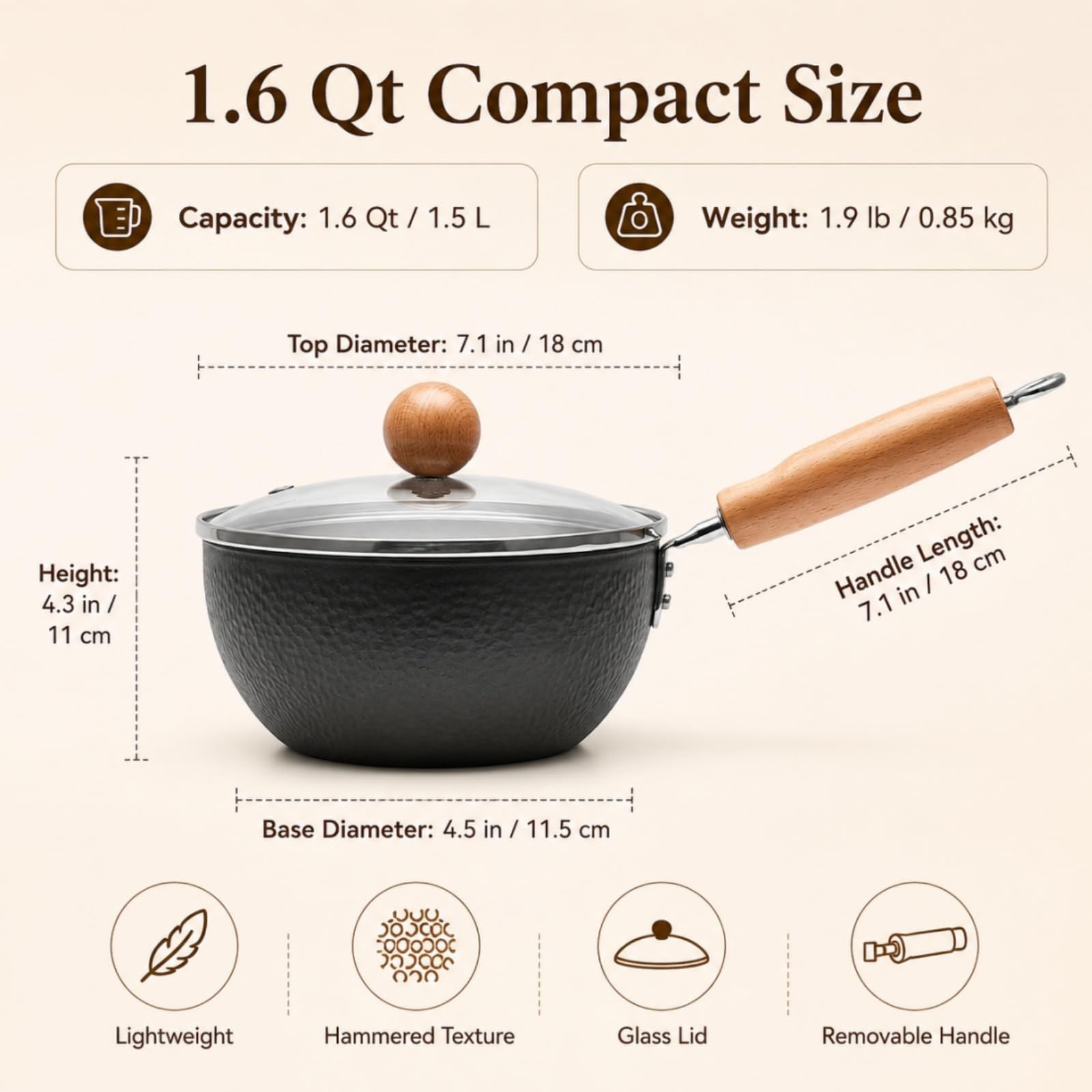 1.5QT Hammered Iron Saucepan With Lid Ramen Milk Pot Wood Handle Camping