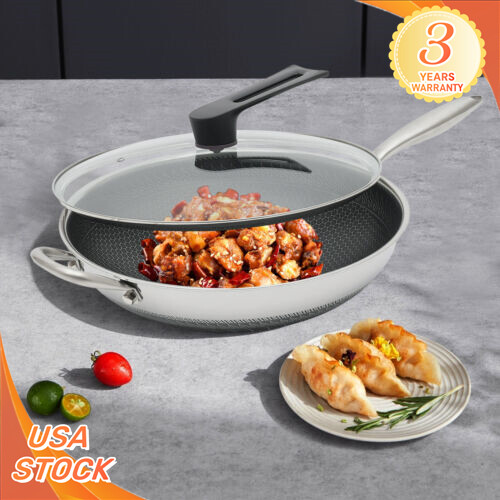 34cm Stainless Steel Non Stick Double Sided Honeycomb Cooking Frying Pan Wok+Lid