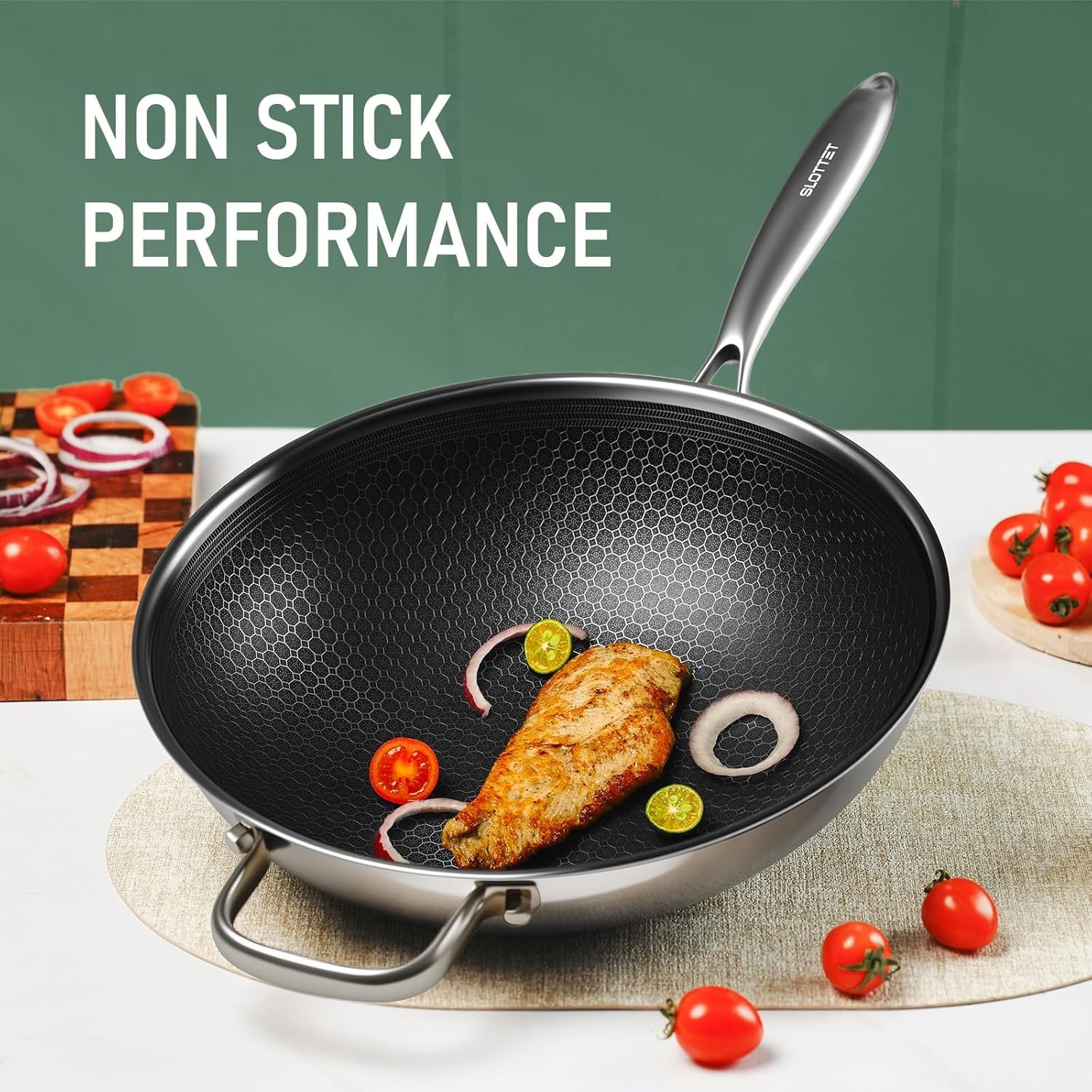 Hybrid 12-Inch Wok with Steer,Nonsti Stainl Steel Woks &