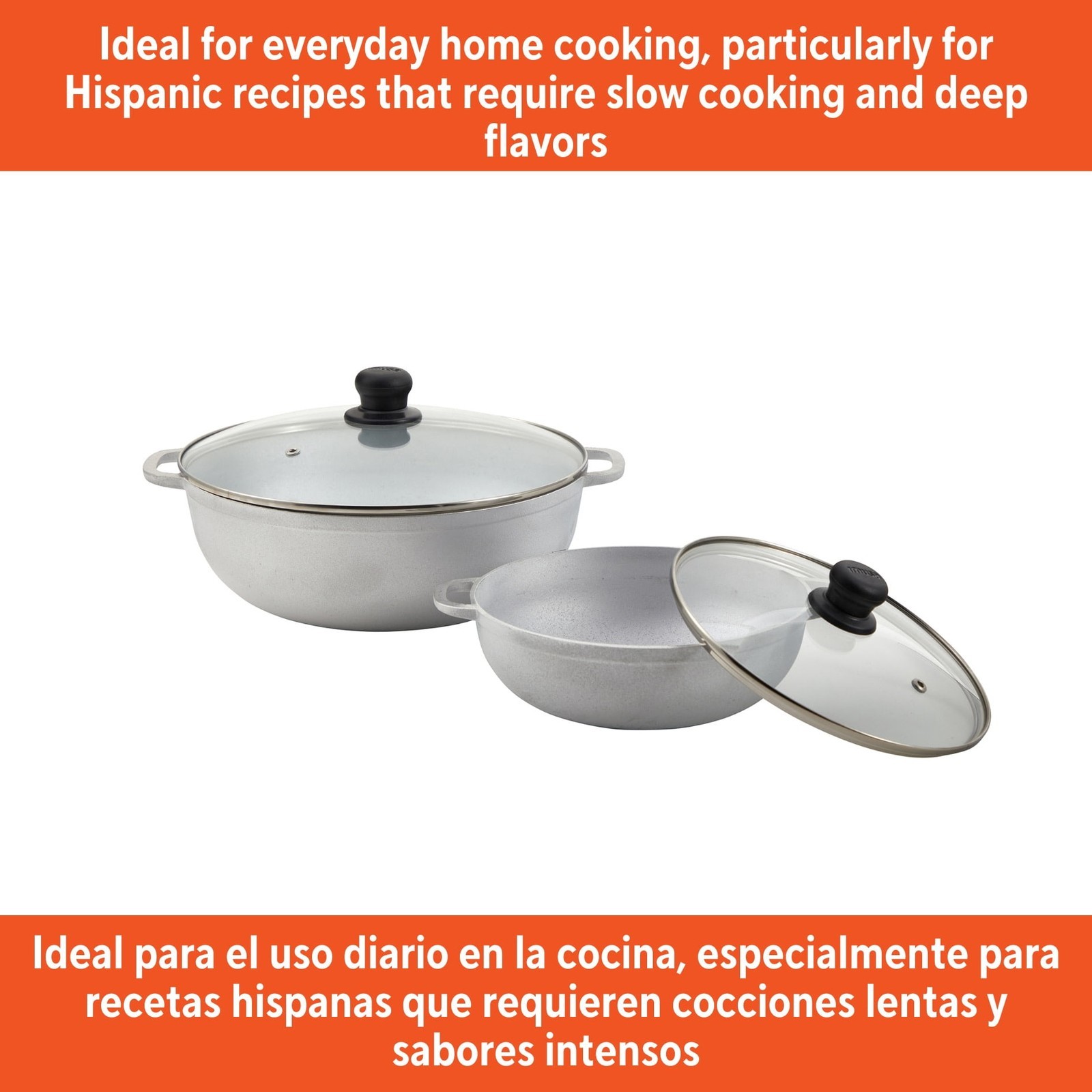 2.5/7.0qt Cast Aluminum Caldero 2pc Set W/ Glass lid 22/30cm