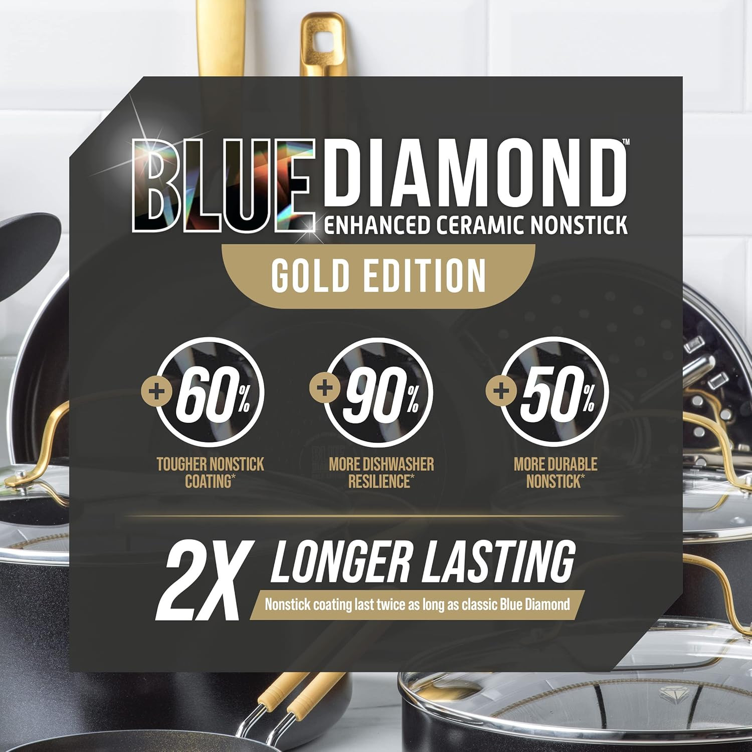 Gold 14 Piece Cookware Pots and Pans Set, Induction Suitable, Diamond Infused PF