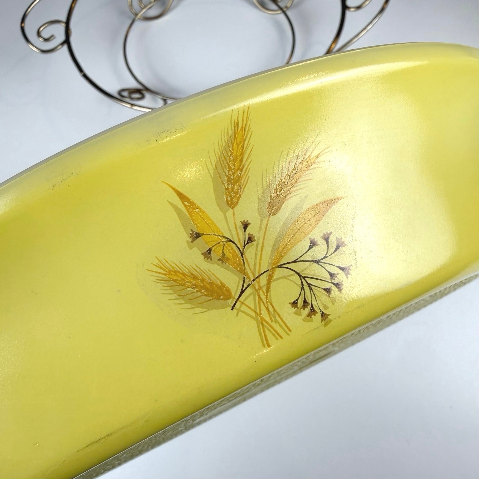 Vintage Glasbake yellow wheat divided casserole dish metal cradle 1960s