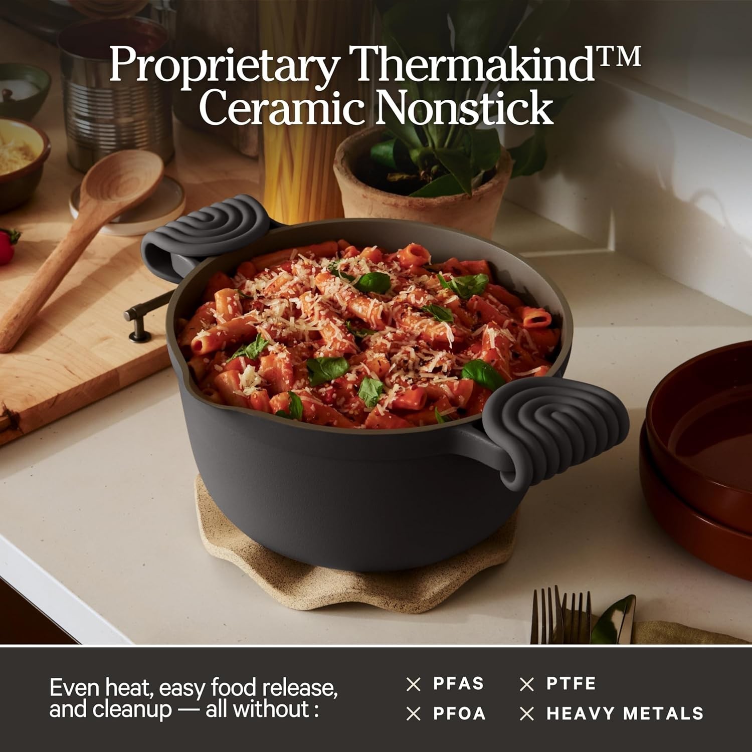 Our Place Perfect Pot | 5.5 Qt, Ceramic Pot with Lid & Spatula, Char