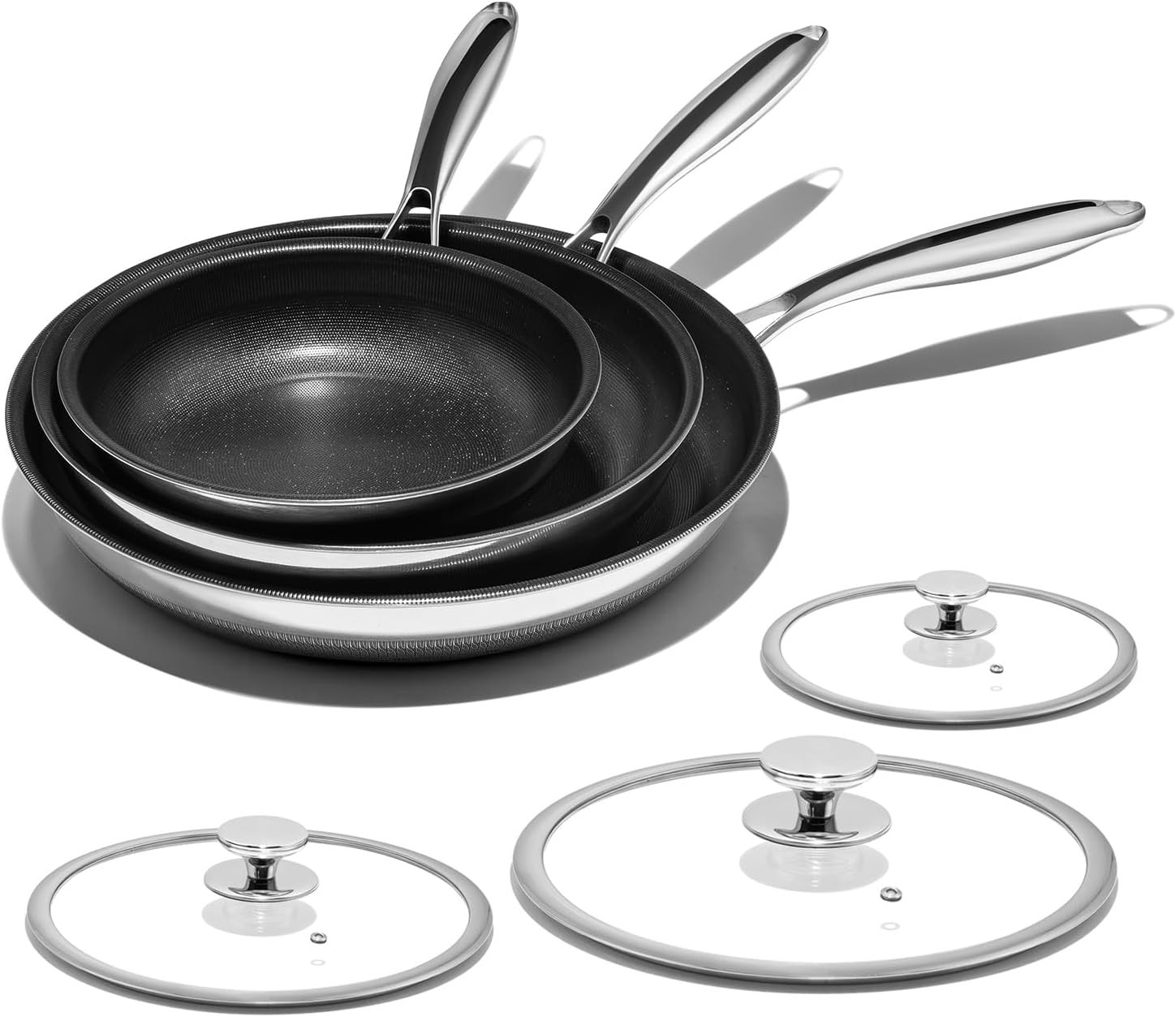 Titanium Ceramic Nonstick Frying Pan Set – 8″, 10″, 12″ with Lid, Safe & Durable