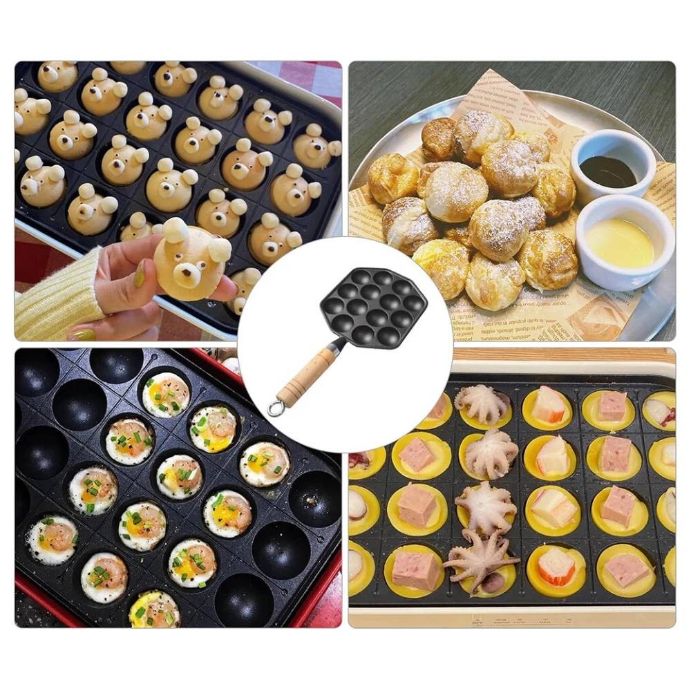 14 Holes Cast Iron Takoyaki Pan Octopus Maker Griddle with Detachable Handle