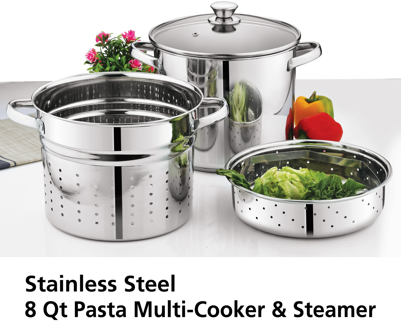Multi-Cooker Set with Lid, 8 Qt Pasta Steam Pot, Stainless Steel, Steamer Basket
