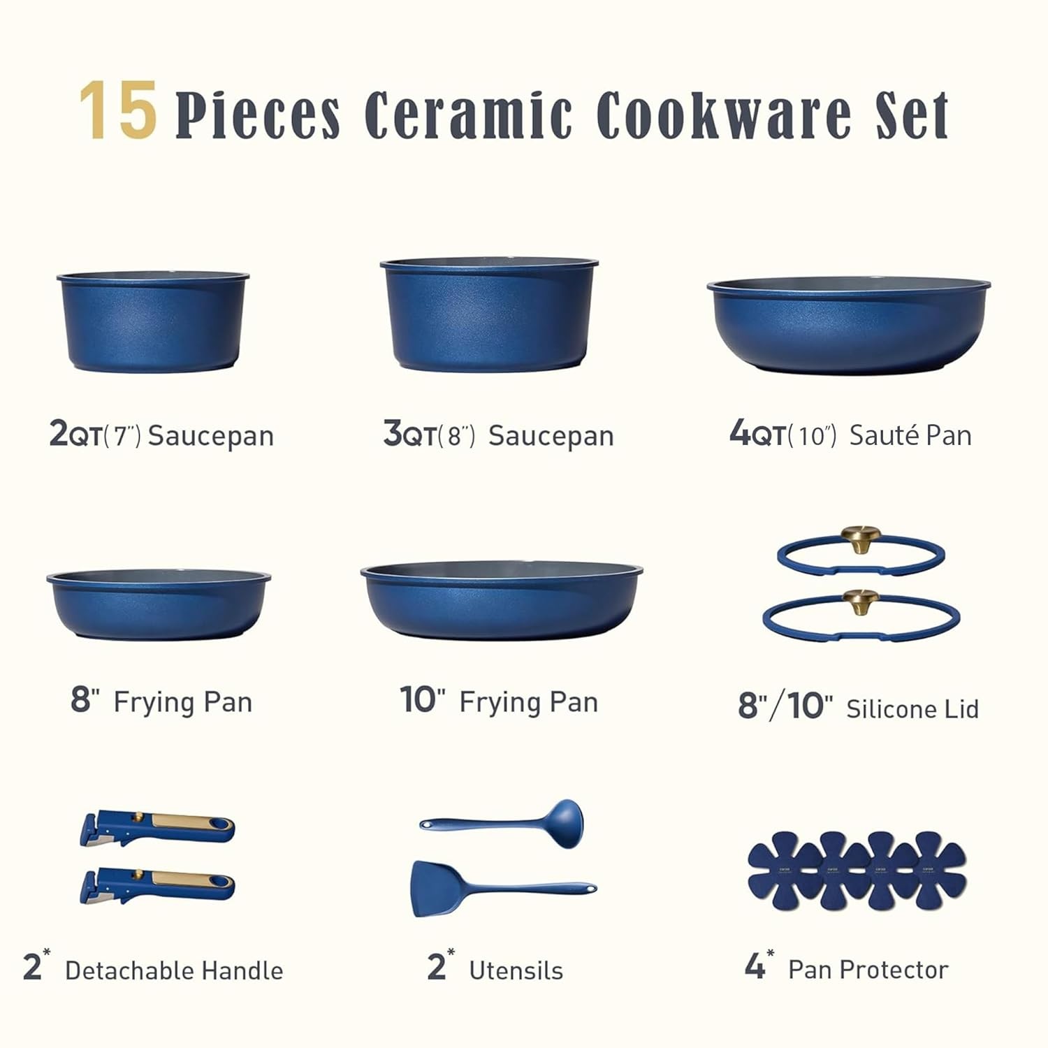CAROTE Blue&Gold Ceramic Cookware Set Non Toxic, PFAS Free,15Pcs Pots and Pans S