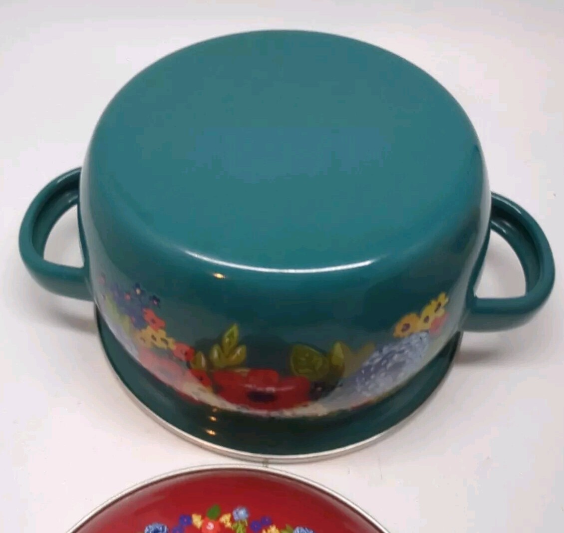 The Pioneer Woman Dazzling Dahlias 1 Qt. Enameled Steel Mini Dutch Oven Teal Red
