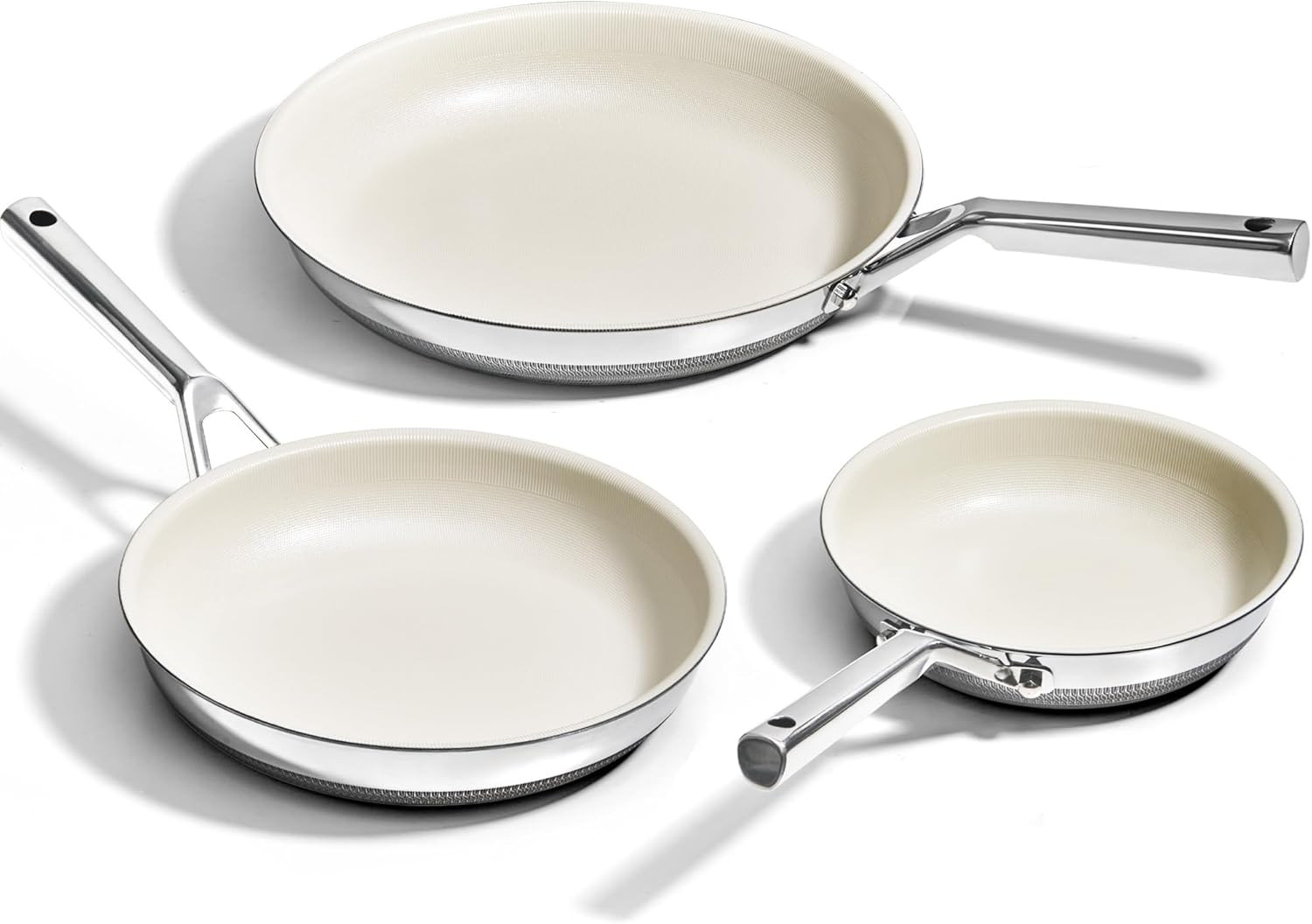 Beige Titanium Ceramic Nonstick Frying Pans Set – 3 Sizes, Oven & Dishwasher Saf