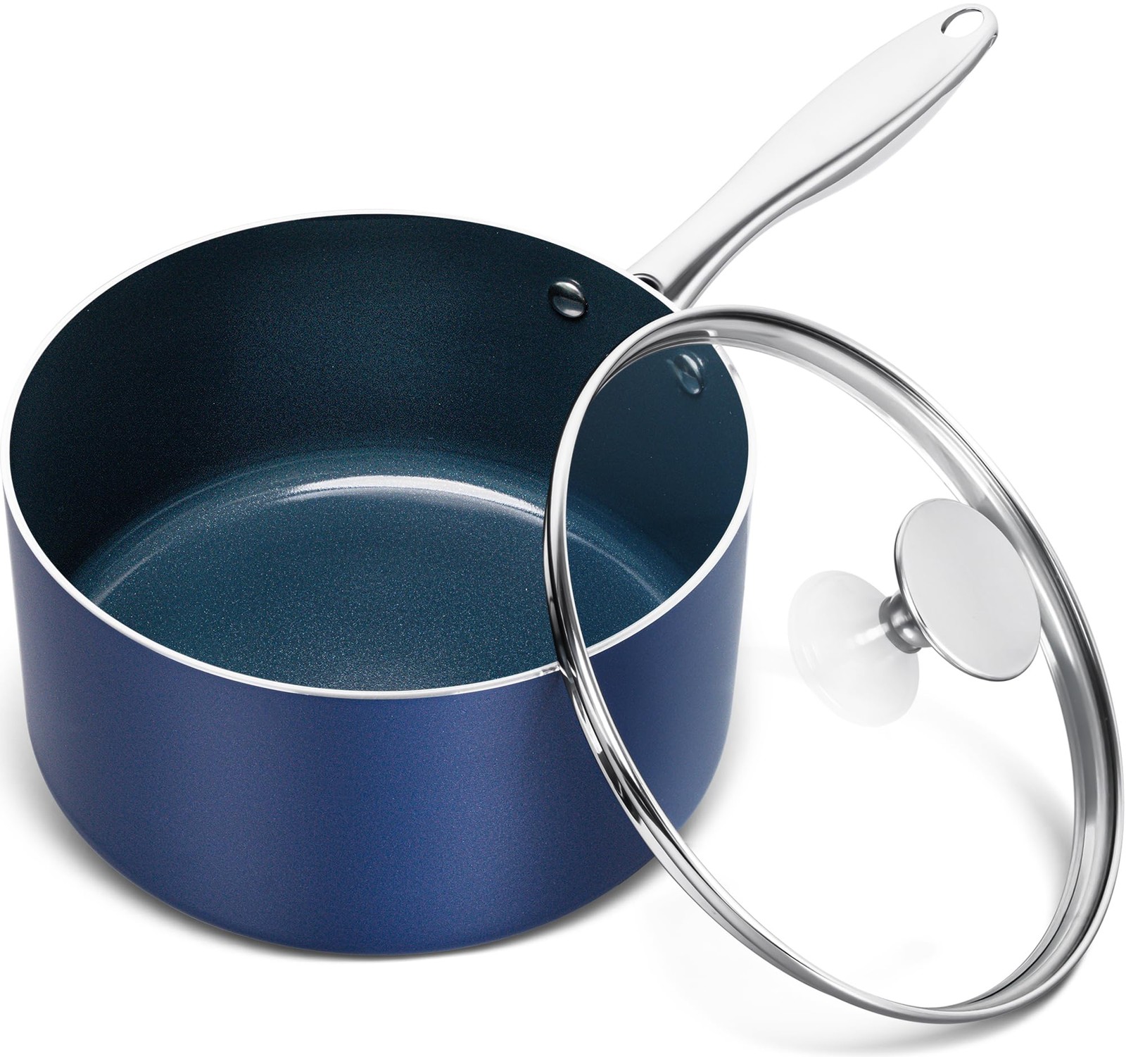 Saucepan With Lid 3 Quart Nonstick Ceramic Stainless Handle Blue Oven Safe