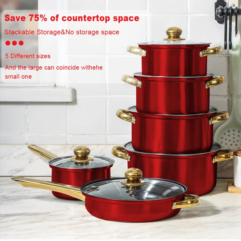 12 Piece Cookware Set Nonstick Pots and Pans Home Kitchen Cooking Non Stick, Red
