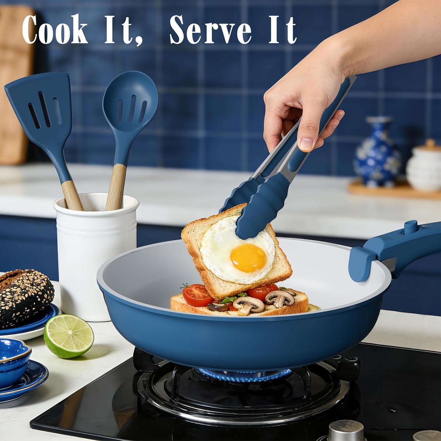 Pots and Pans Set Non Stick, 21 Pcs Ceramic Cookware Set with Detachable Handles