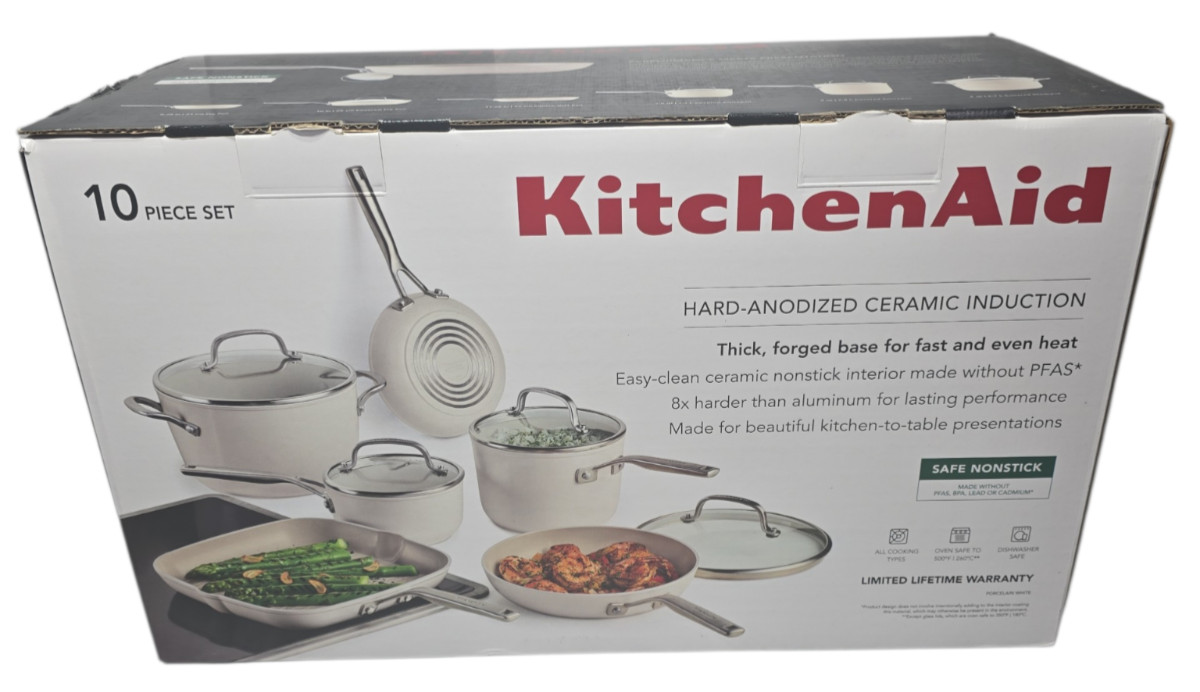 KitchenAid 10-Piece Hard-Anodized Ceramic Induction Cookware Set Porcelain White