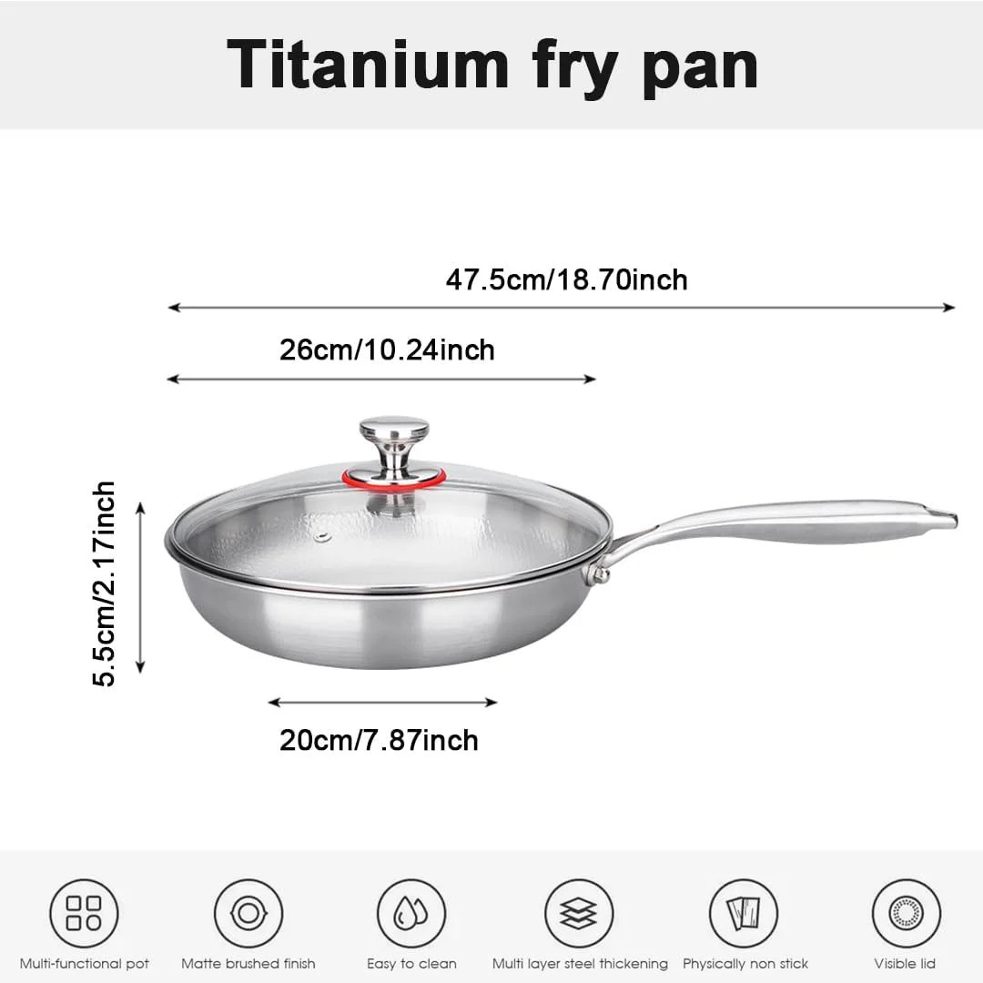 Titanium Frying Pan with Lid, 26cm Professional Stainless Steel Skillet, Nonstic