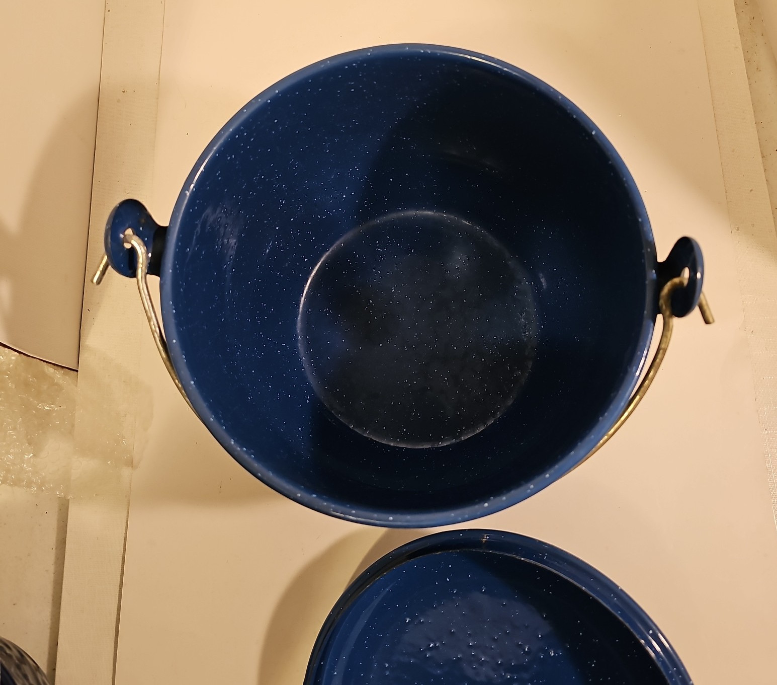 Enamelware Covered Stock Graniteware Handle Blue with White Speckles 6.5” Tall