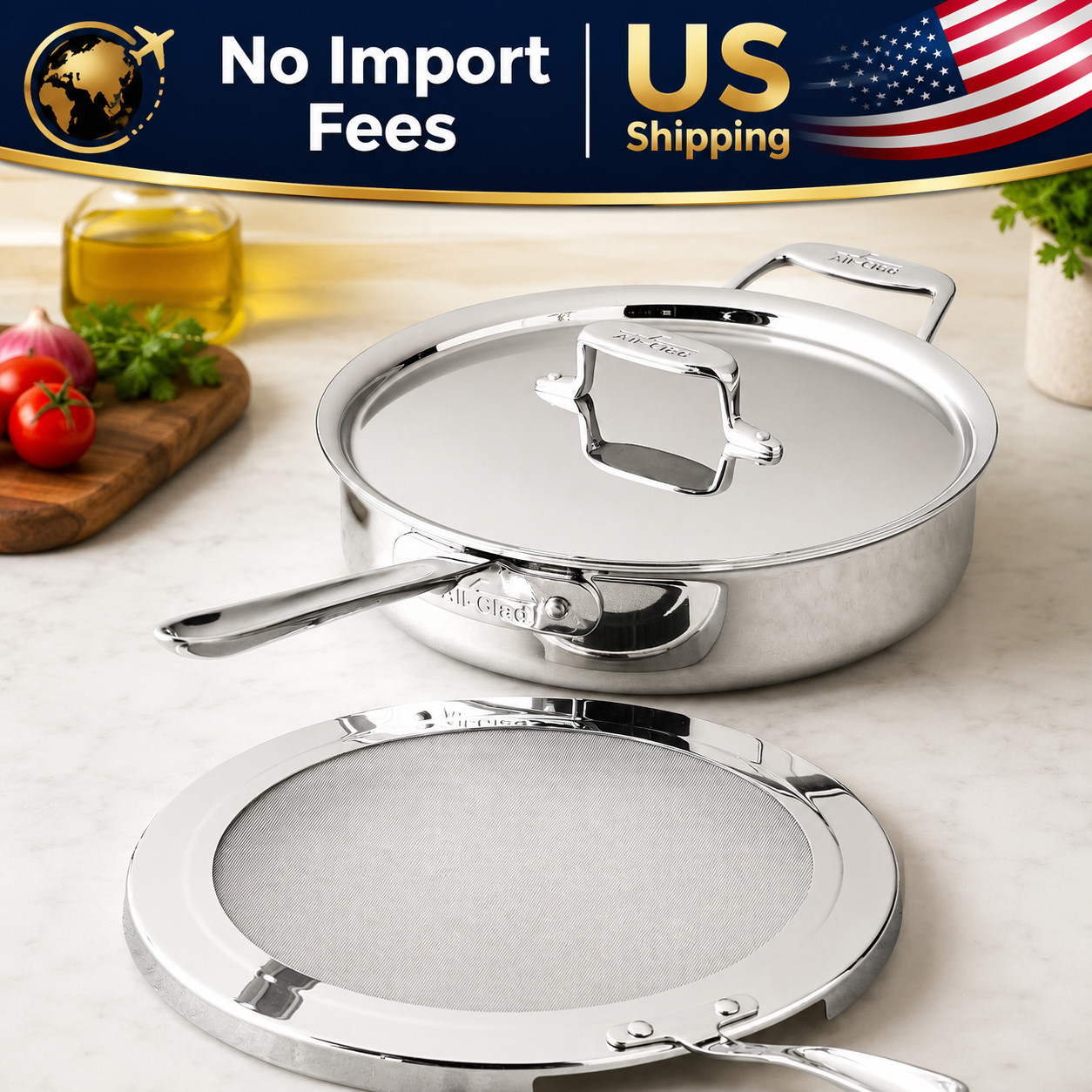 All-Clad D5 Stainless-Steel Deep Sauté Pan with Splatter Screen, 4-Qt