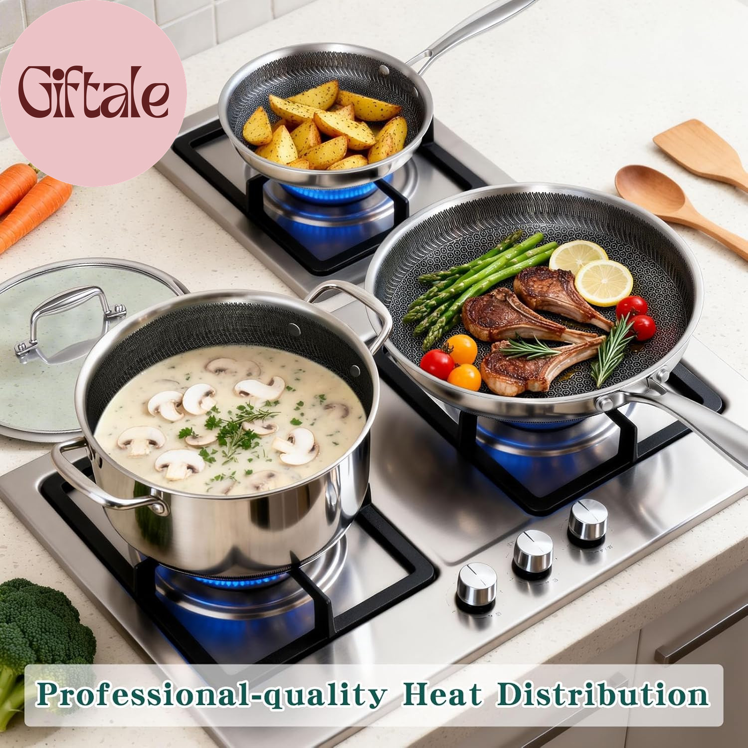 14 Piece Hybrid Stainless Steel Cookware Set Nonstick Pots and Pans