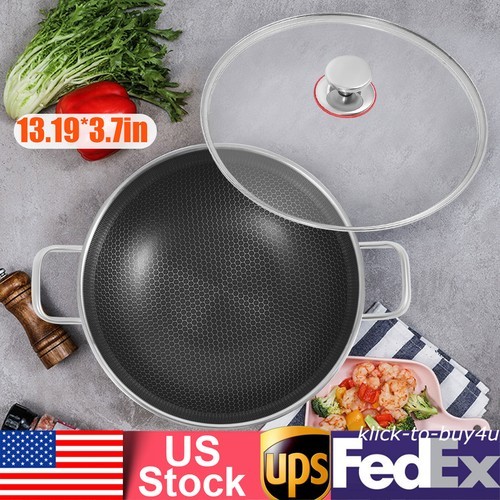 Skillet With Lid 13.19″ Non Stick Paella Pan Stainless Steel Frying/Cooking Pan