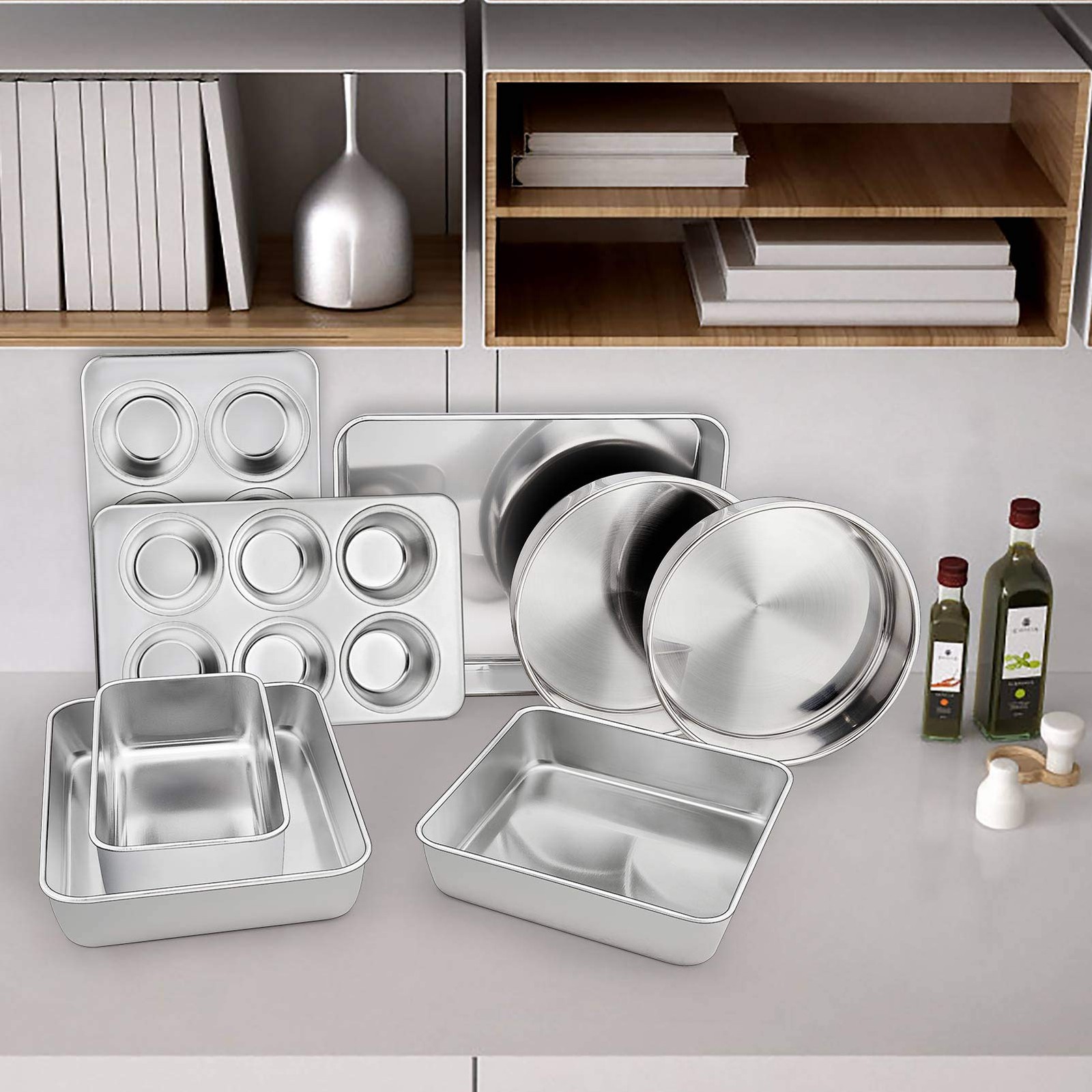 TeamFar Stainless Steel Bakeware Set of 8, Baking 12⅖” x 9¾”x 2”, Silver