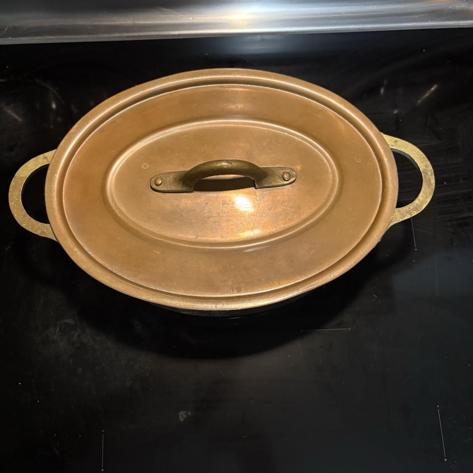 RARE 8lb Metaux Ouvres-Vesoul Copper Dutch Oven w Lid Heavy Cast Brass Handles