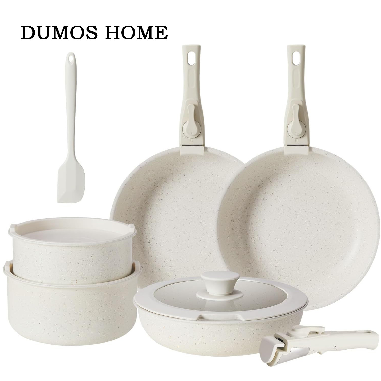 DUMOS HOME 12PCS Nonstick Induction Cookware Set with Detachable Handle,Beige