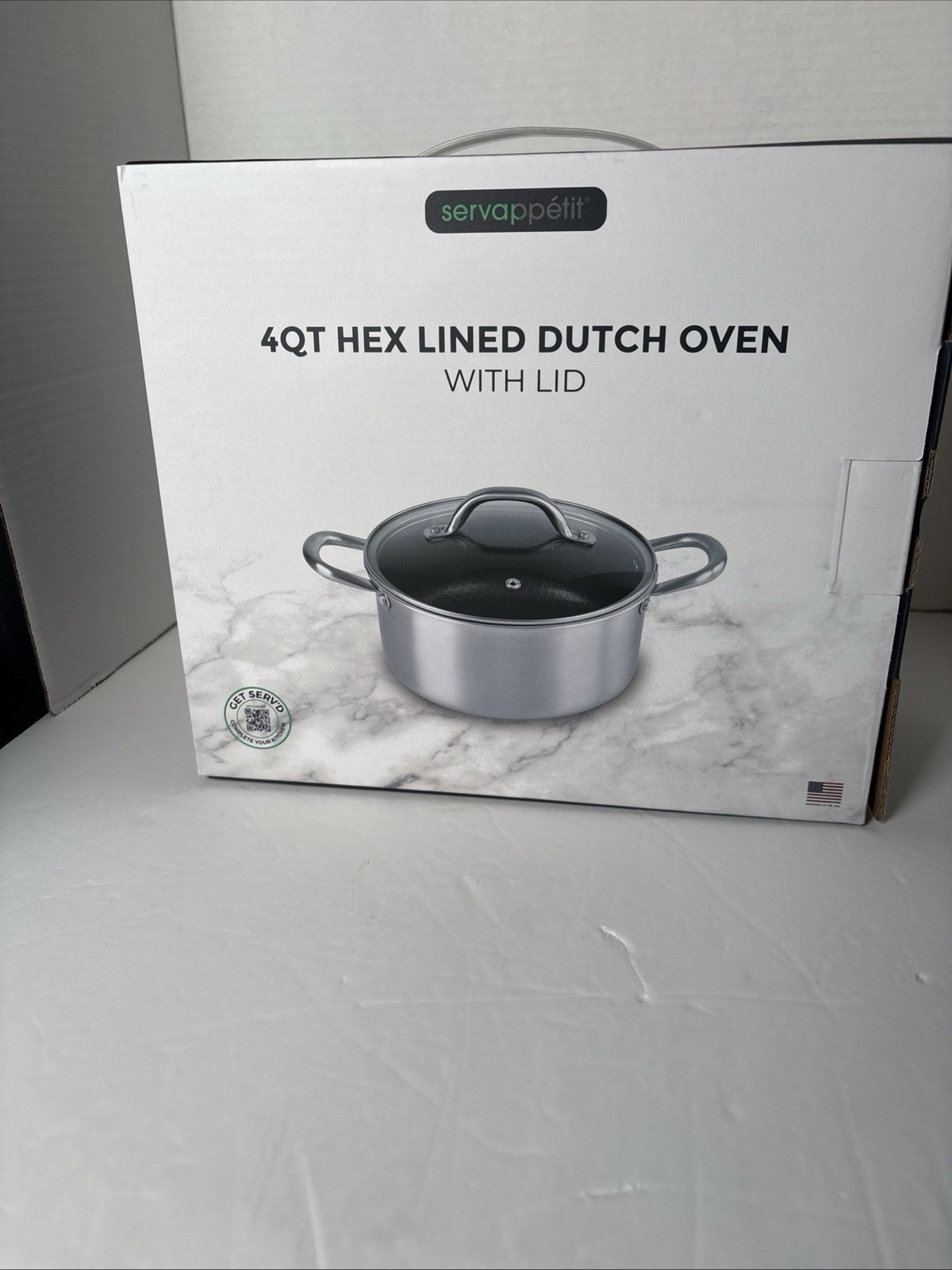 New Servappetit 4 Qt Hex Lined Dutch Oven with Glass Lid in Box