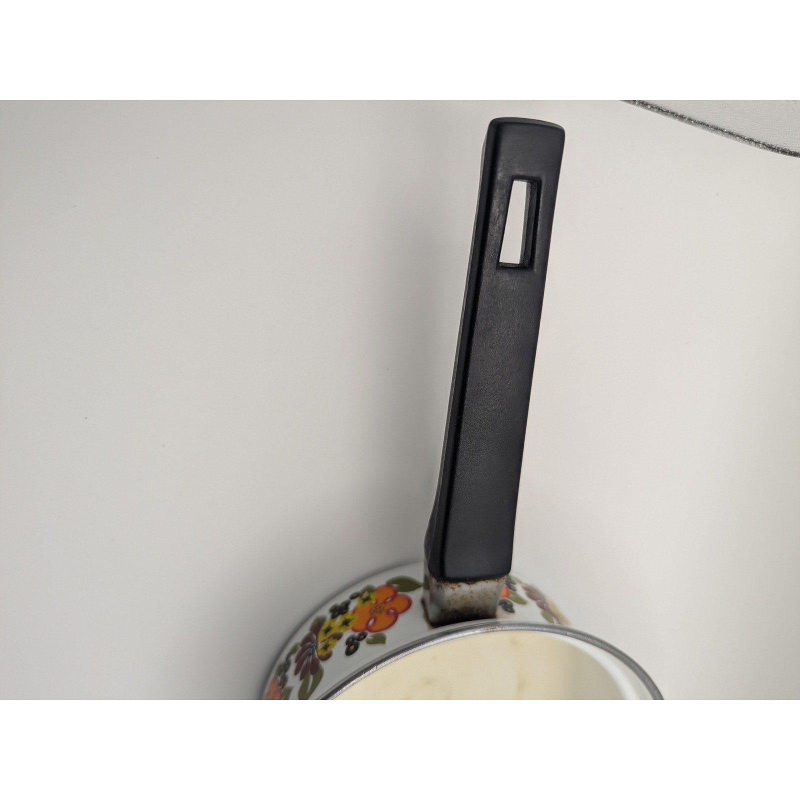 Vtg 1970s Austria Email Enamel Saucepan Floral Print White Orange Brown Retro