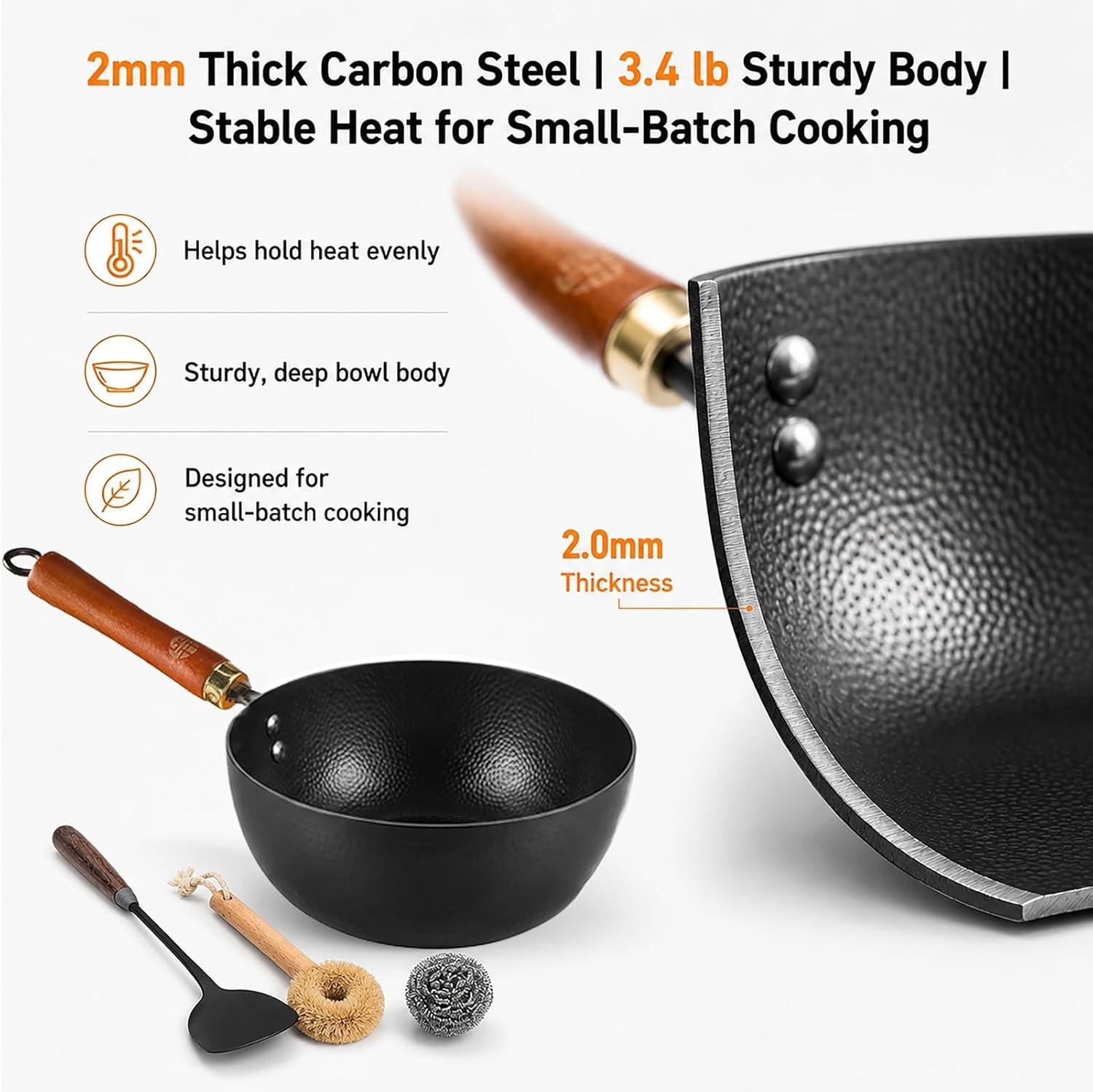 8.7 Inch Carbon Steel Mini Wok with Wooden Lid & Detachable Handle, 2.2 Qt Small