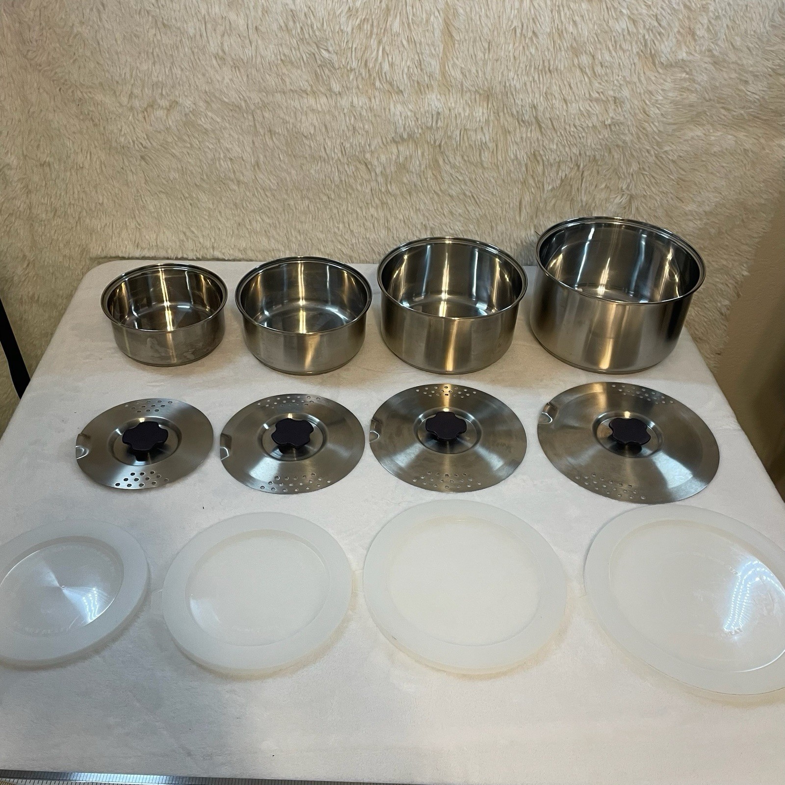 Vintage Fagor Stainless Steel Cookware Set Of 4 Diff Sizes W Strainer Lids Pots