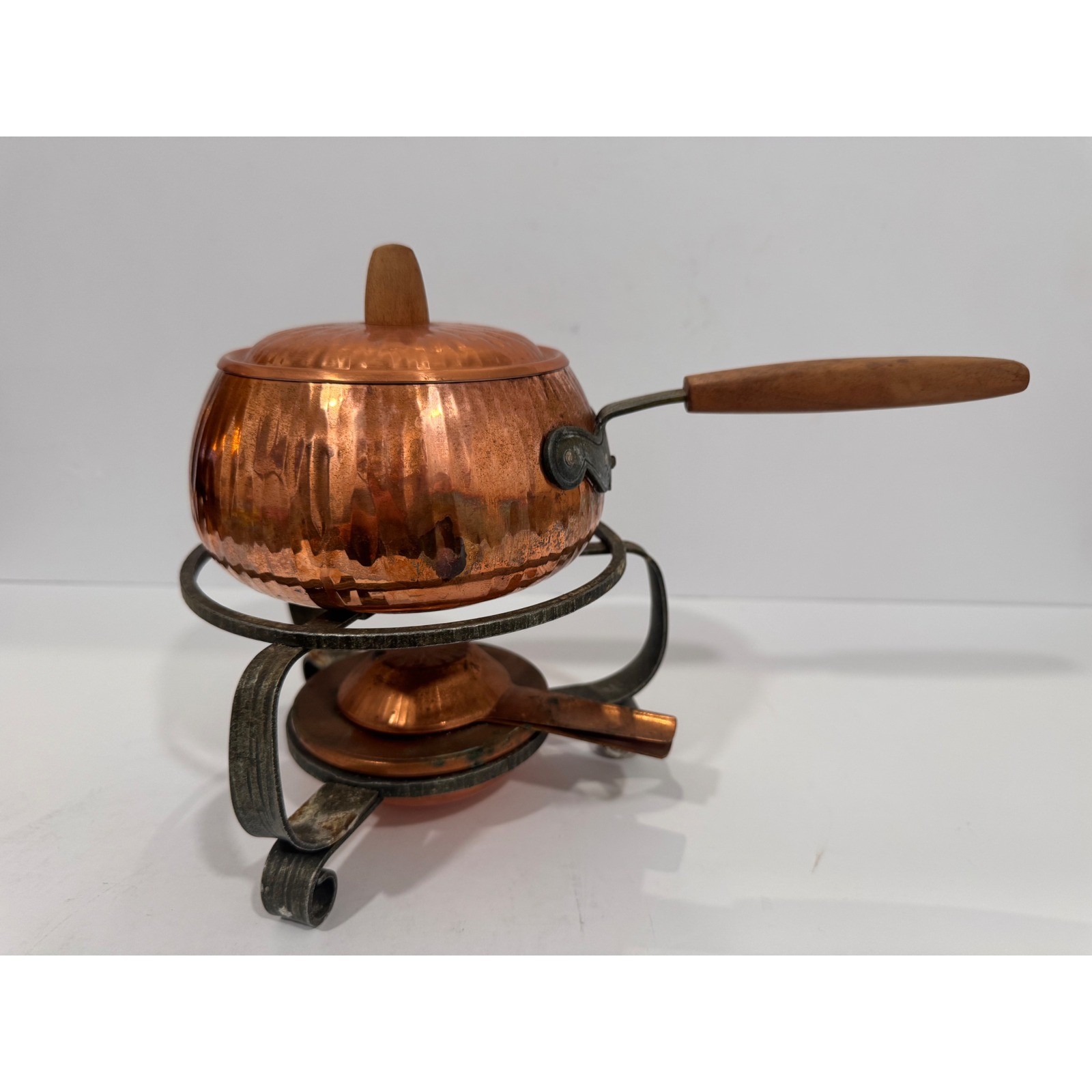 Vintage Sigg Copper Sauce Pan Warmer Set Wood Handle Hammered Metal Fondue Pot