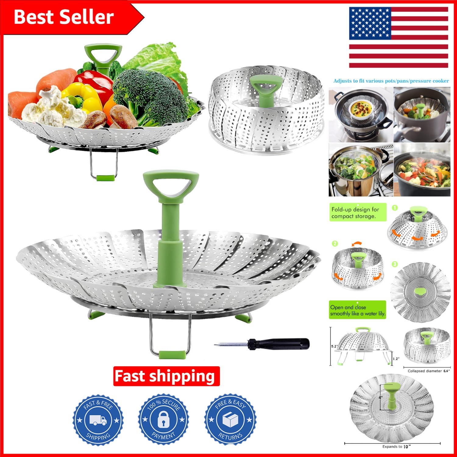 Stainless Steel Steamer Basket with Silicone Feet – 6.4″ to 10″ Capacity